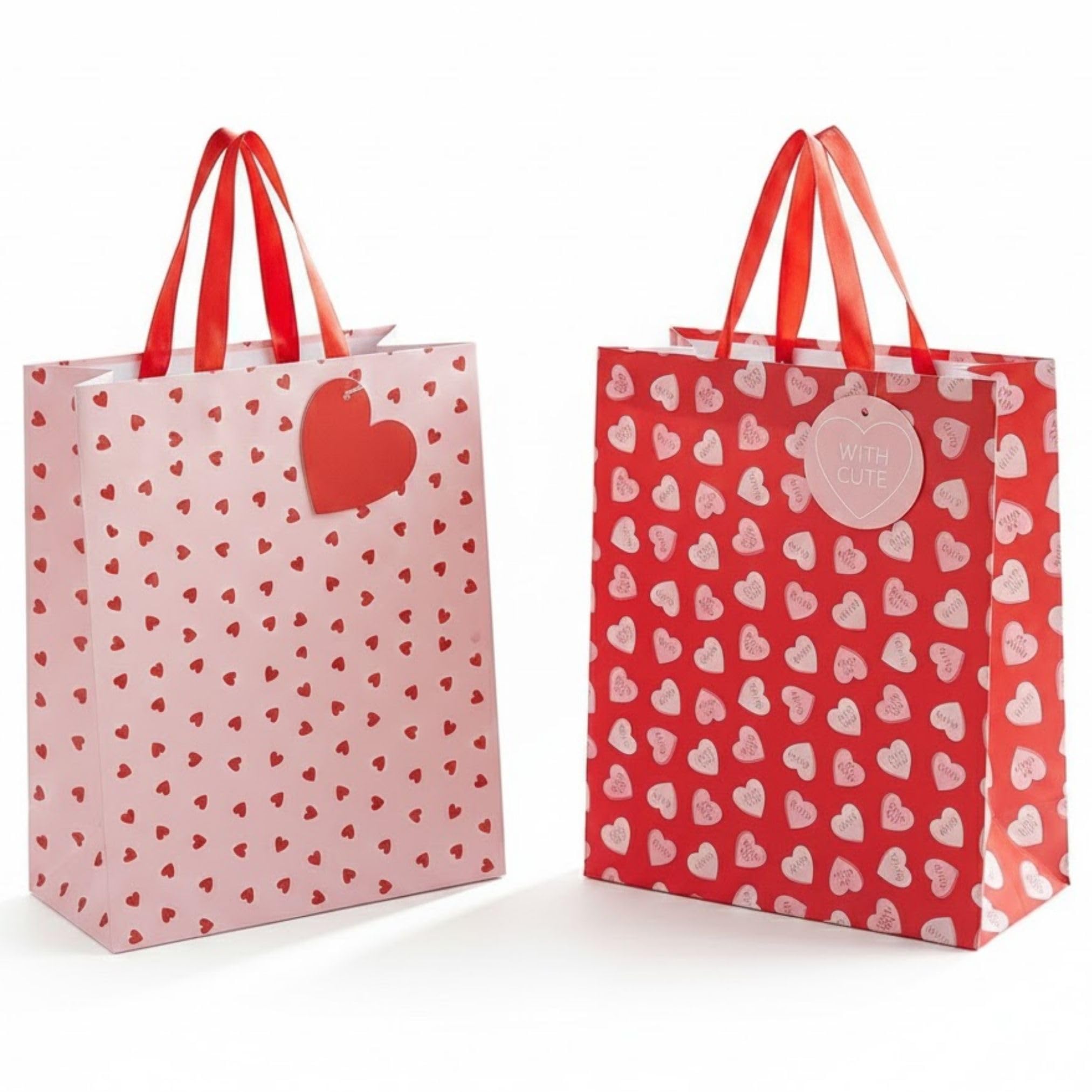 AKH® Valentine’s Day Large Gift Bags with Ribbon Handles & Tag | Pack of 2 | Red & Pink Present Bag for Anniversary, Wedding & Birthday Gifts, Romantic Love Heart Pattern Paper Wrap | 32.5x26x14 CM