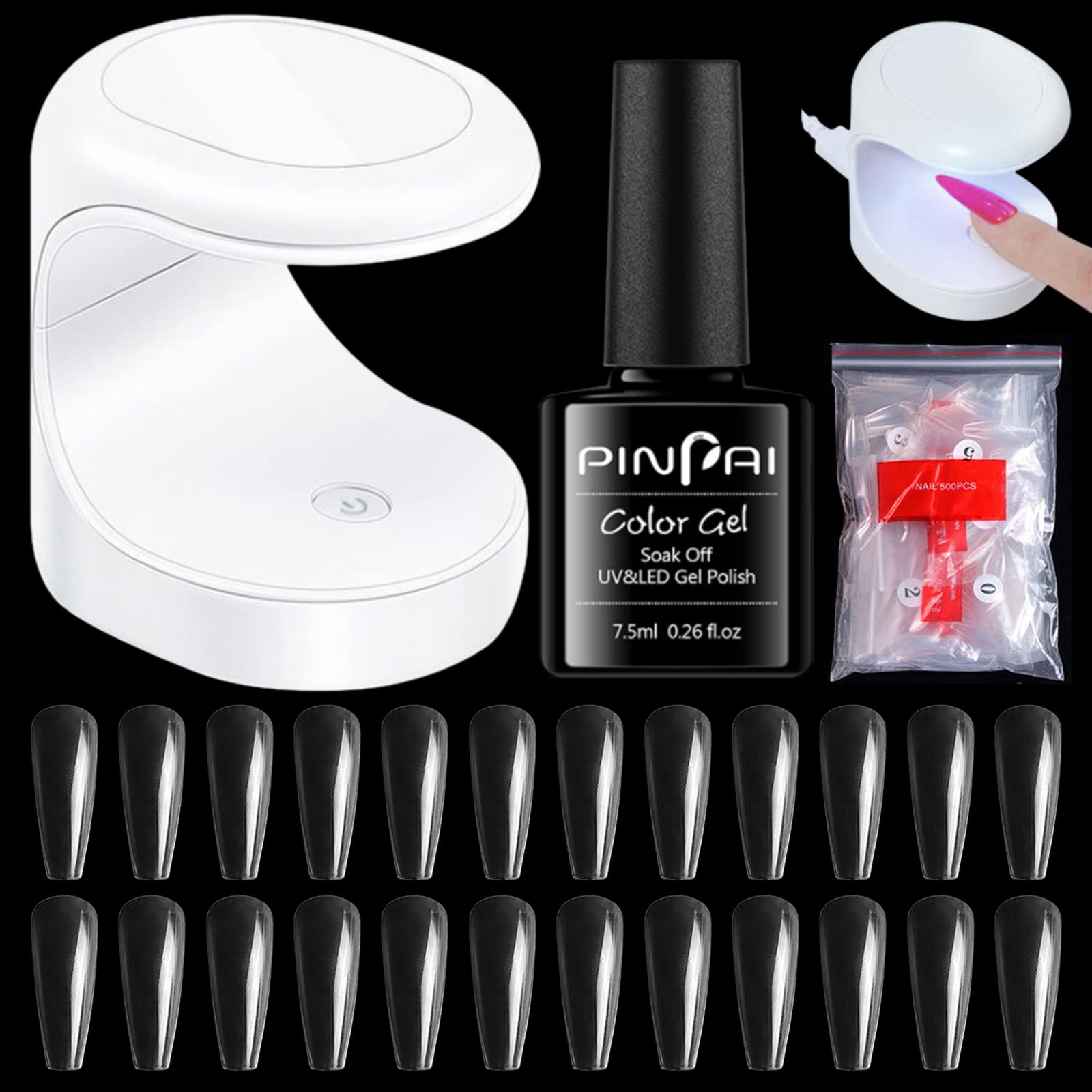 Nail Tips and Glue Kit - TONBAO Coffin Nails Tips 500Pcs and Lamp Usb with Functional Glue Transparent Nails Seamless Nails Polish DIY Nail Art Acrylic Nail Kit Easy Nail Extension Se