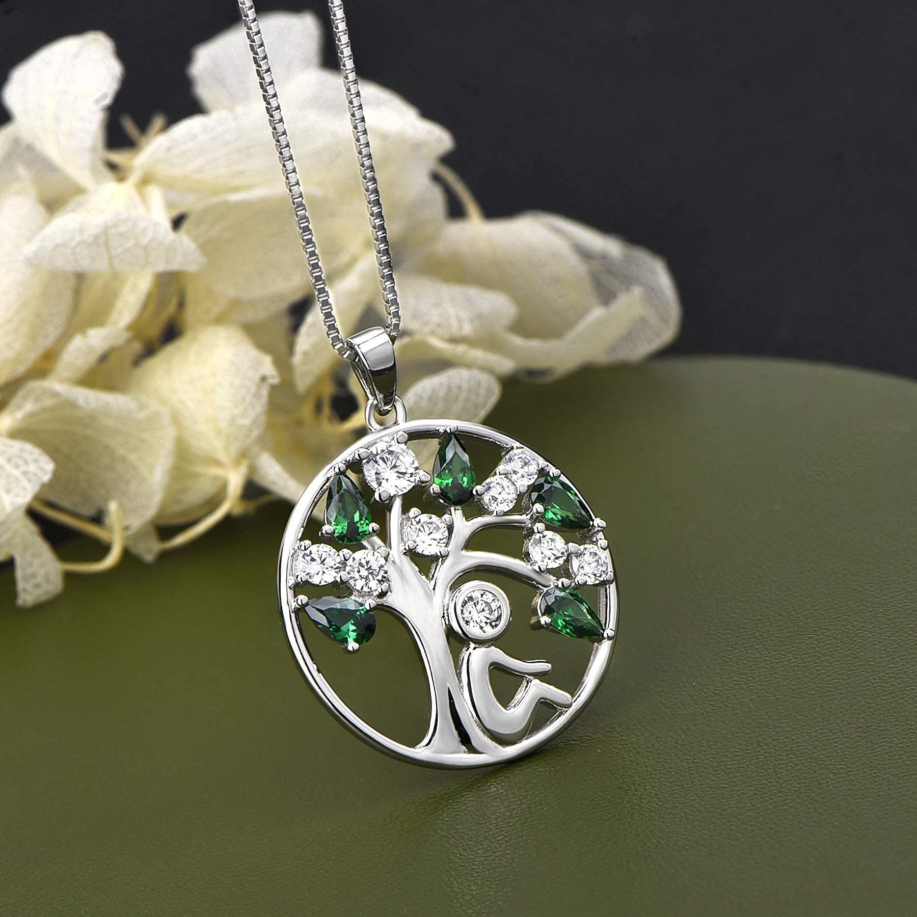 YL Collana Albero della Vita Argento 925 con 12 Pietra portafortuna Zirconia cubica Ciondolo per Donna,45+3 CM