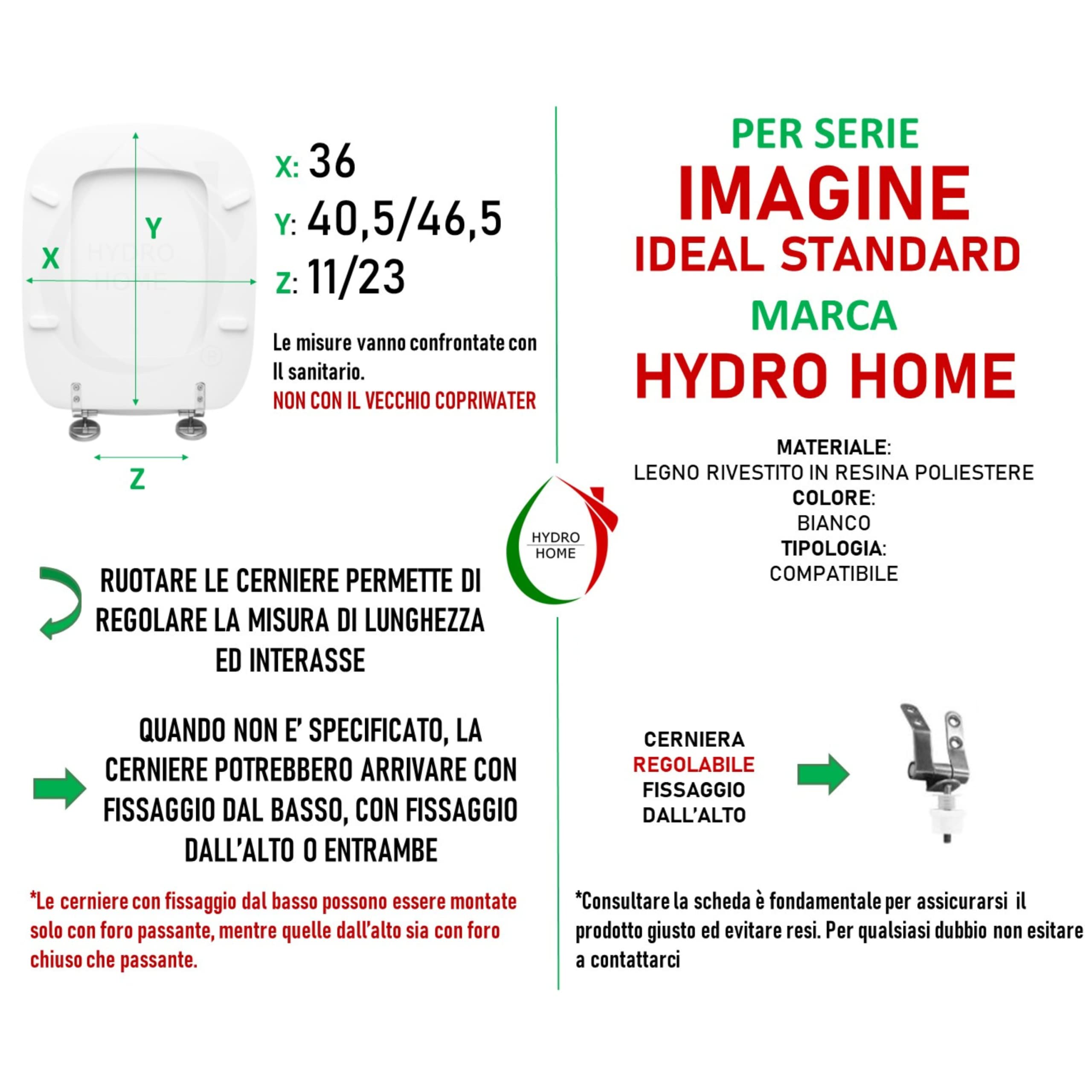 Copriwater Ideal Standard Imagine Compatibile, Tavoletta Wc In Legno Rivestito In Poliestere Con Cerniere Regolabili,Asse Wc Colore Bianco MADE IN ITALY