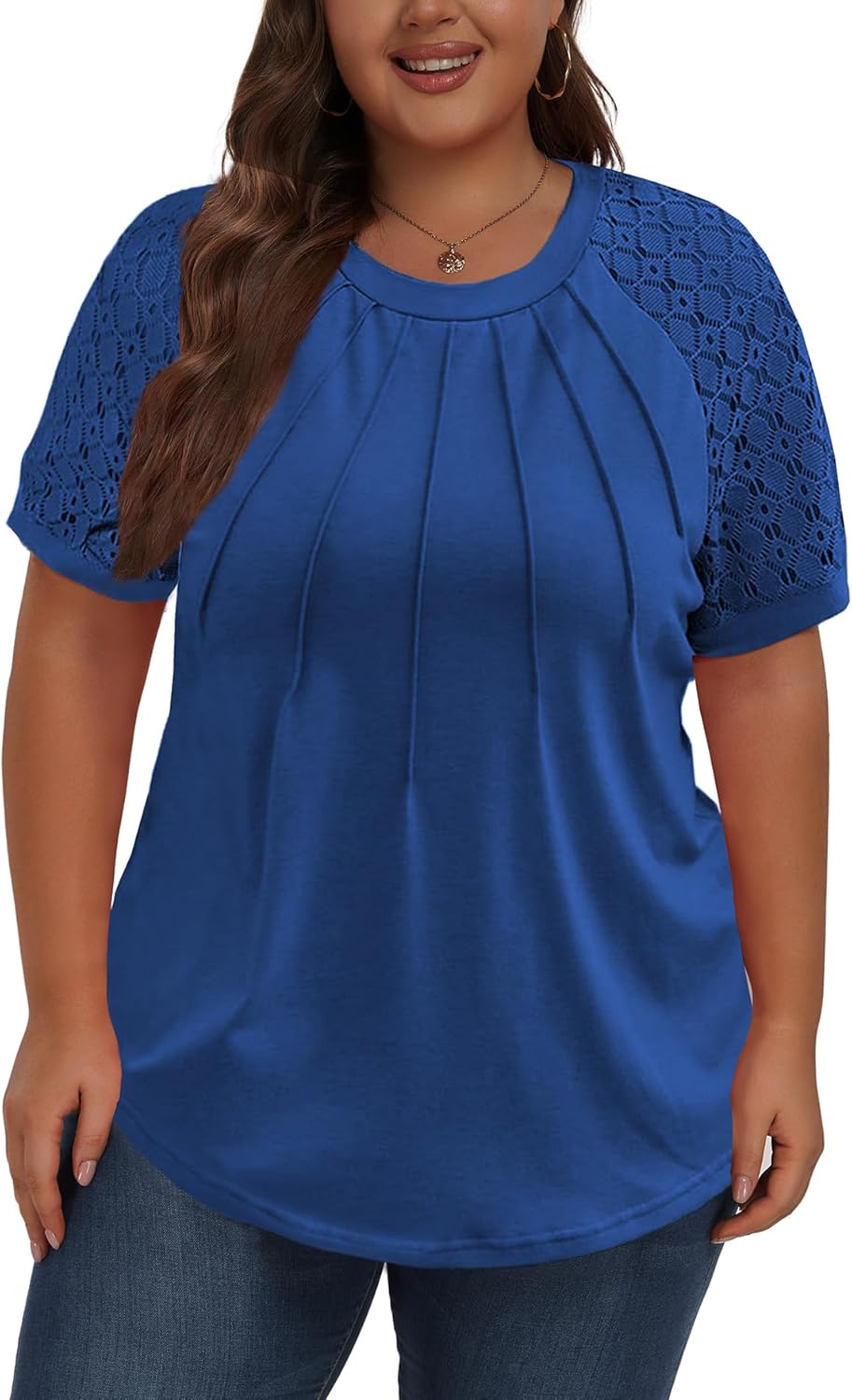 Women's Plus Size Lace Shirt Short Sleeve Round Neck Tops Basic Ladies Loose Fit T Shirt