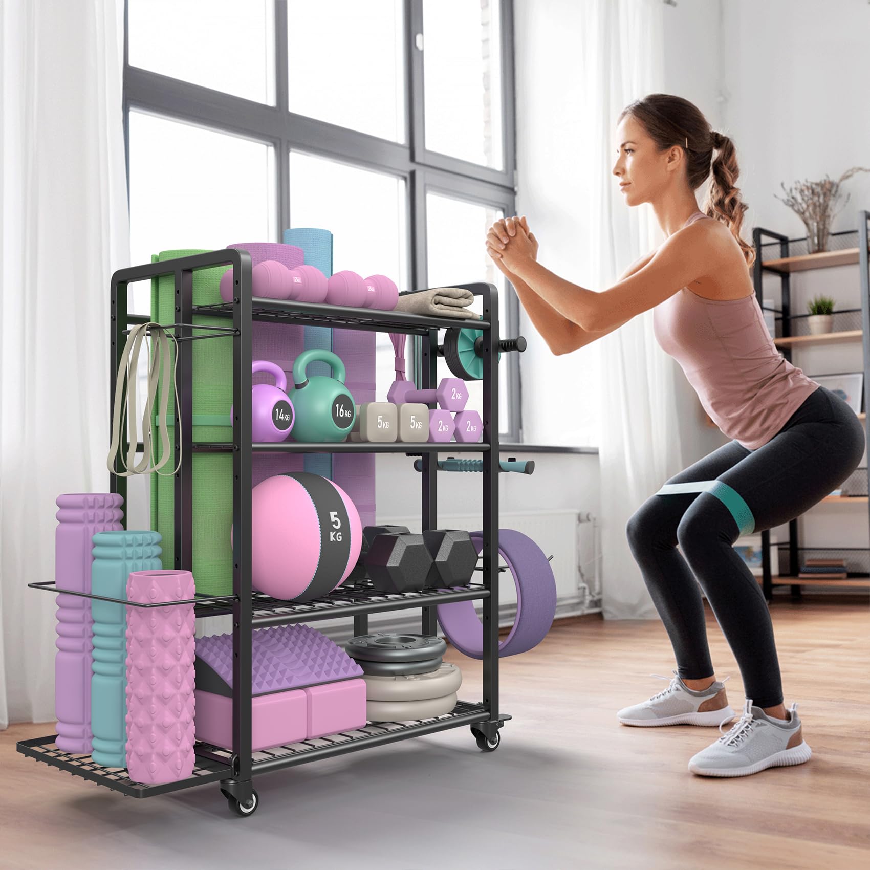 4-stöckiger Hantelständer, verstellbarer Hantelständer für Hanteln, Kugelhanteln, Yogamatte, Heim-Fitness-Studio, Aufbewahrungsregal mit Rollen und Haken, pulverbeschichtete Oberfläche