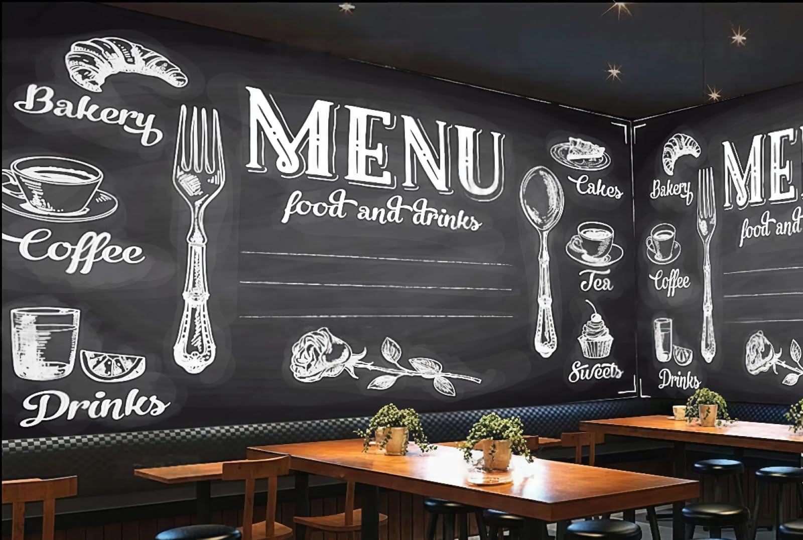 rskjdghshd Wallpaper Retro Blackboard Chalk Hand-Painted English Letters Bread Theme Dessert Shop Western Restaurant Background Wall Mural Afternoon Tea Coffee Shop Wallpaper,3D,250x175cm