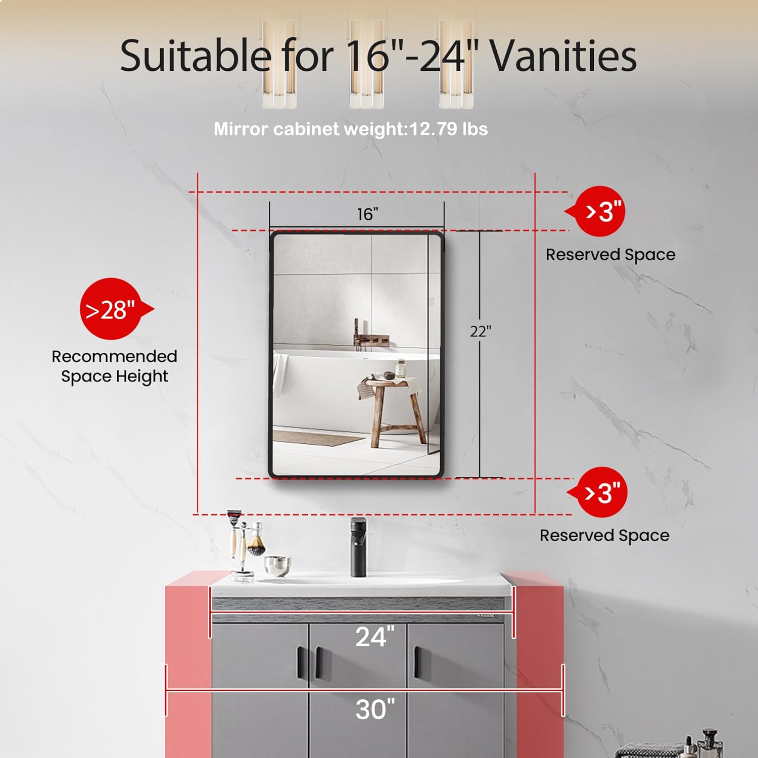 Medicine Cabinet with Mirror, 16x22 inch Black Recessed Medicine Cabinet or Surface Wall Mount Bathroom Cabinets with Adjustable Shelves Metal Framed Mirror, Rounded Rectangle Storage Cabinet