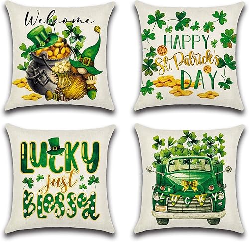 JOJOGOGO Juego de 4 fundas de almohada de gnomos del Día de San Patricio de 18 x 18 pulgadas, fundas de almohada decorativas de primavera verde del