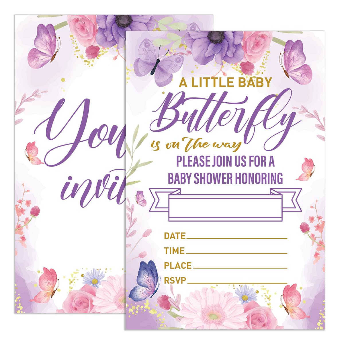 UDNADKEX Baby Shower Invitations for Girl Butterfly Purple with Envelopes, Invites for Baby Showers Party Floral, A Little Baby Butterfly Is on The
