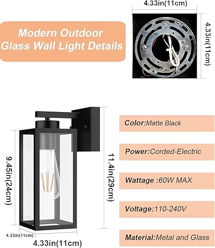 Miniatura 7 de Tipace Farol de pared para exteriores del atardecer al amanecer, con sensor negro mate, aplique de pared exterior con pantalla de vidrio