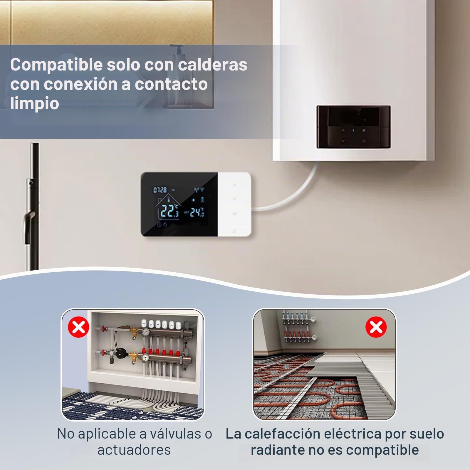 Termostato caldera, WiFi, termostato doméstico digital programable, alimentado por batería, caldera de 2 cables compatible con control de voz de Google y Alexa
