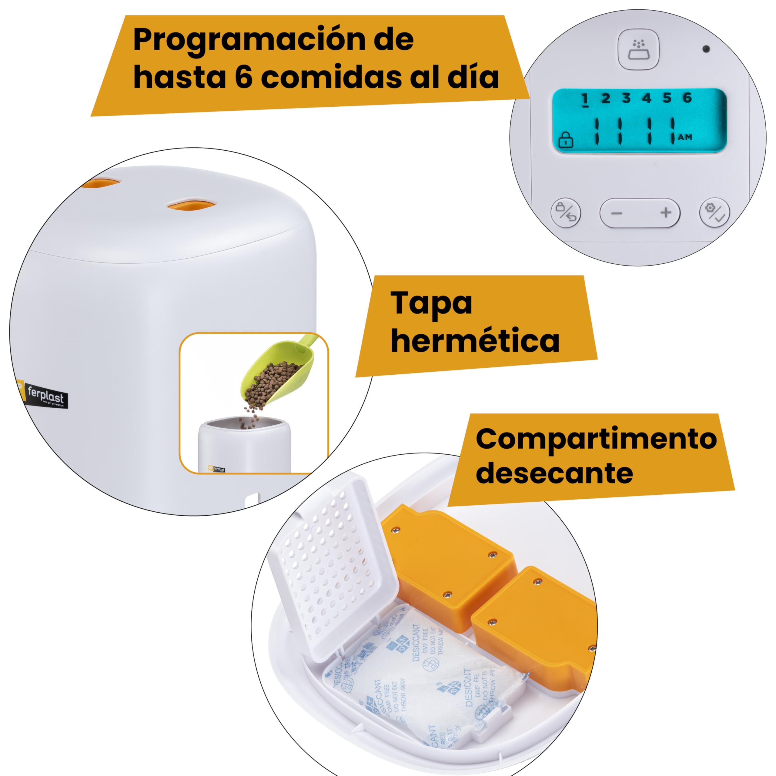 Ferplast Risto Pet Dispensador Automático de Comida para Perros y Gatos, Programable, 4 L de Capacidad, Doble Potencia, 6 Comidas al Día, Pantalla Retroiluminada, Comedero de Acero Inoxidable