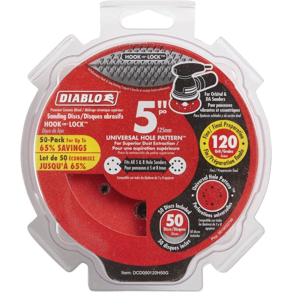 Diablo Hook and Lock ROS Sanding Discs - 5", 120 Grit, Medium, 50-Pack | Ideal for Wood, Metal and Plastics - Ceramic Blend - DCD050120H50G