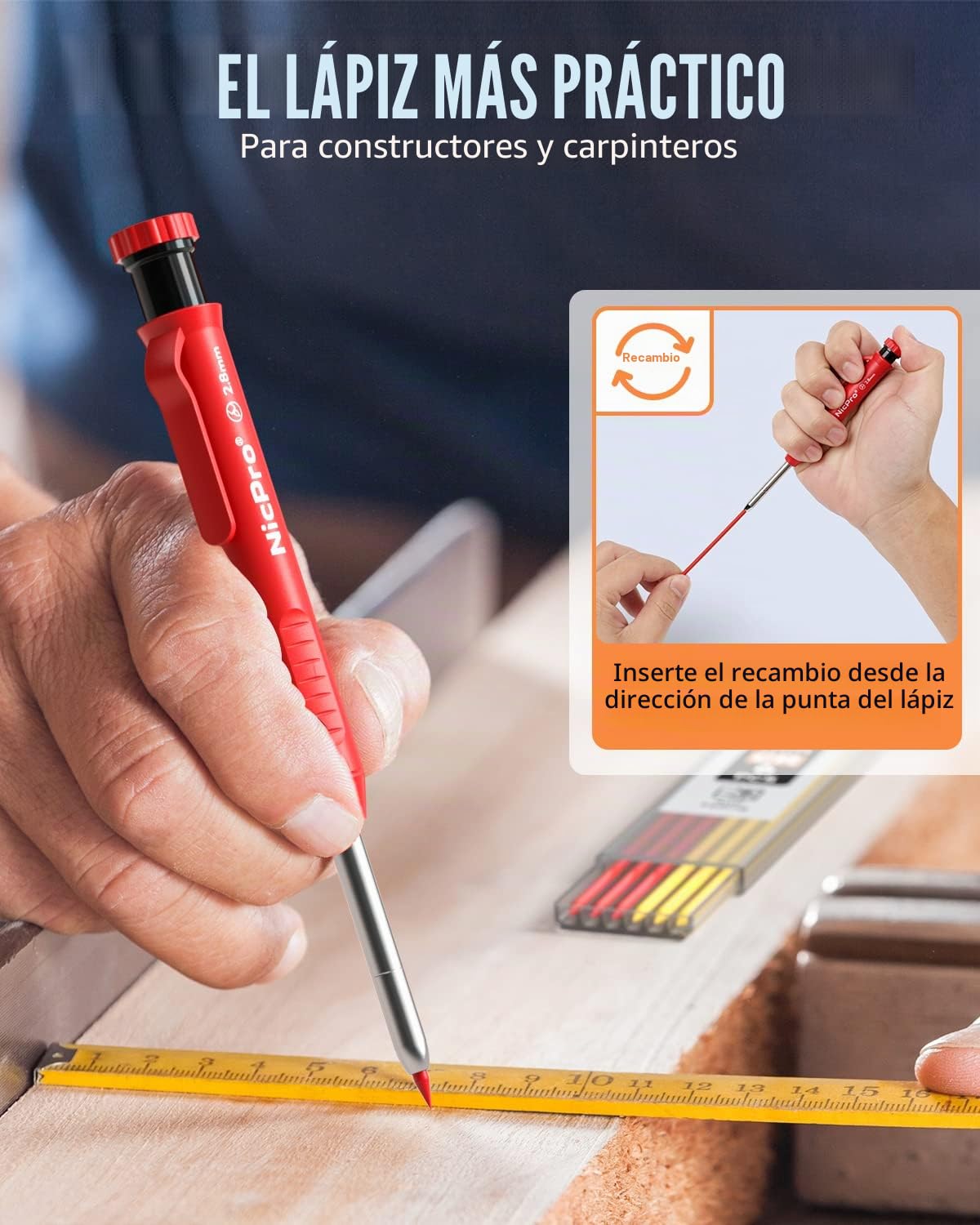 Nicpro 16 lápices mecánicos de carpintero con 42 recargas y herramienta de carburo, marcadores de agujero profundo, lápices de construcción para carpintería resistente