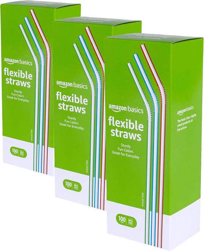 Amazon Basics Disposable Striped Plastic Flex Straws, 7.5" Long, Assorted Colors, 100 Count, Large Pack (Pack of 3)
