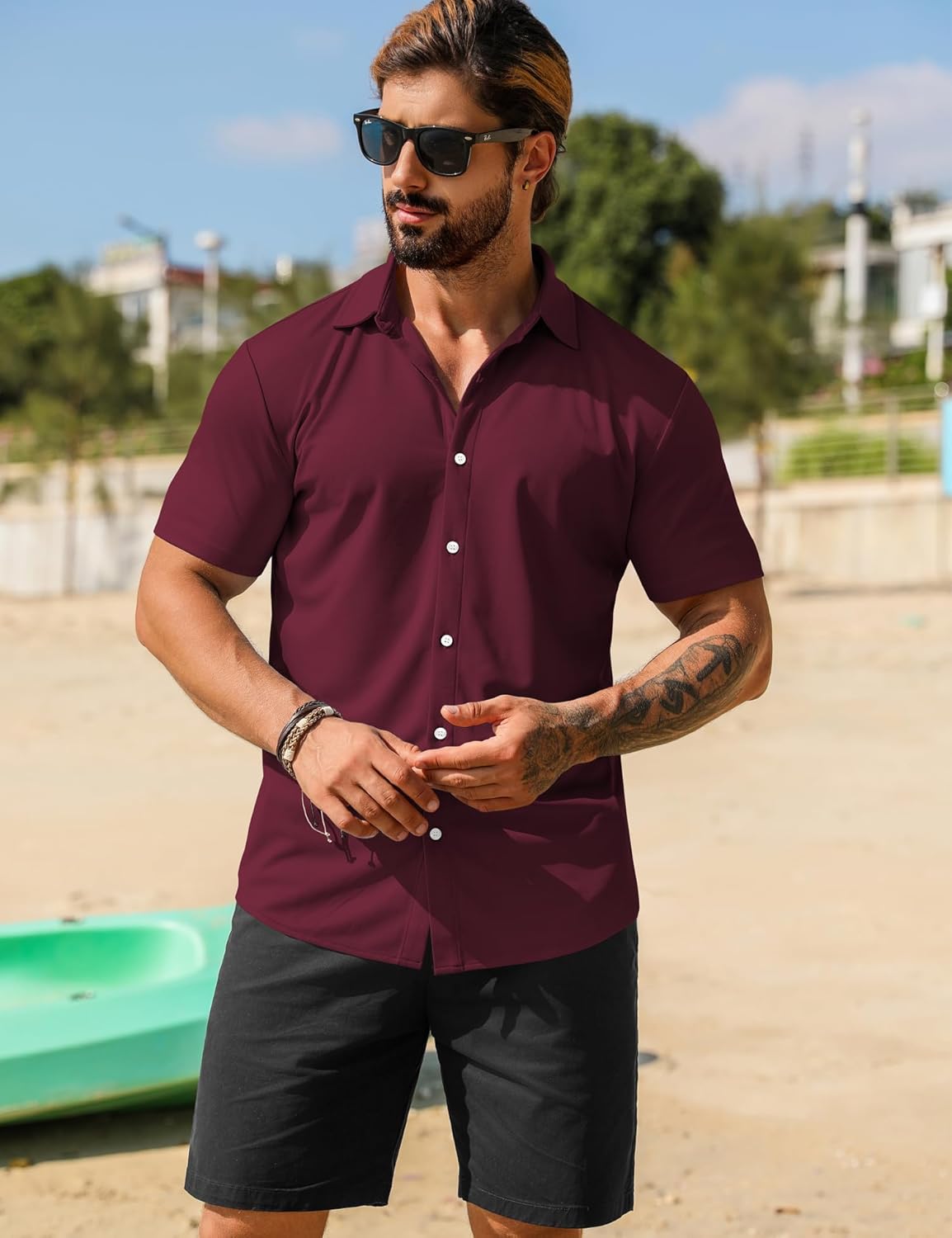 URRU Men's Muscle Dress Shirts Short Sleeve Stretch Casual Button Down Shirts Wrinkle Free Slim Fit Dress Shirt for Men - Image 2