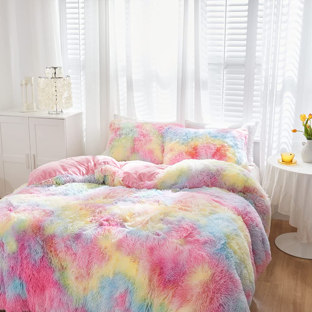 Winter Plüsch Bettwäsche 135x200 Regenbogen Bunt Plüsch Langhaar Bettbezug Set Weich Kuschelig Flauschige Bettwäsche 2 Teilig für Kinder Mädchen mit Reißverschluss und 80x80 cm Kissenbezug