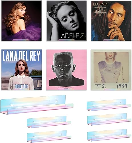 WANLIAN Soporte de pared para discos de vinilo iridiscente, paquete de 6 estantes de pared para exhibición de discos de vinilo, sin daños montados