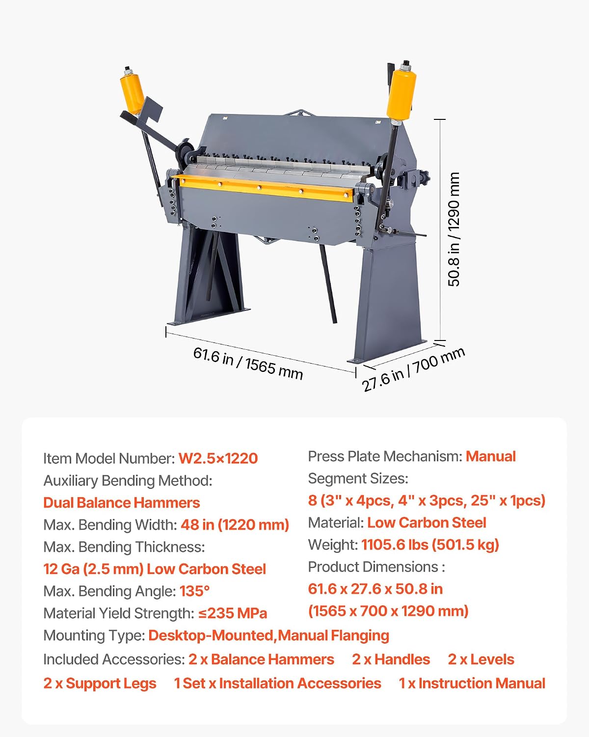 VEVOR Box and Pan Brake, 48 in Sheet Metal Bending Brake, 12-Gauge Mild Steel Capacity, 0-135 Degree Adjustable, Metal Bender Machine with 8 Fingers, Heavy-Duty Aluminum Folder for Precise Bending