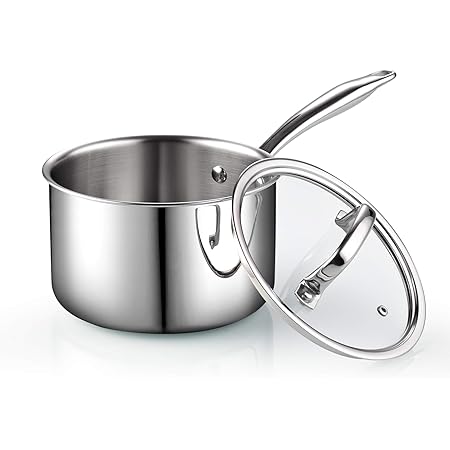 Cook N Home Tri-Ply Clad Stainless Steel Sauce Pan with Lid, 3 Quart, Silver,2680
