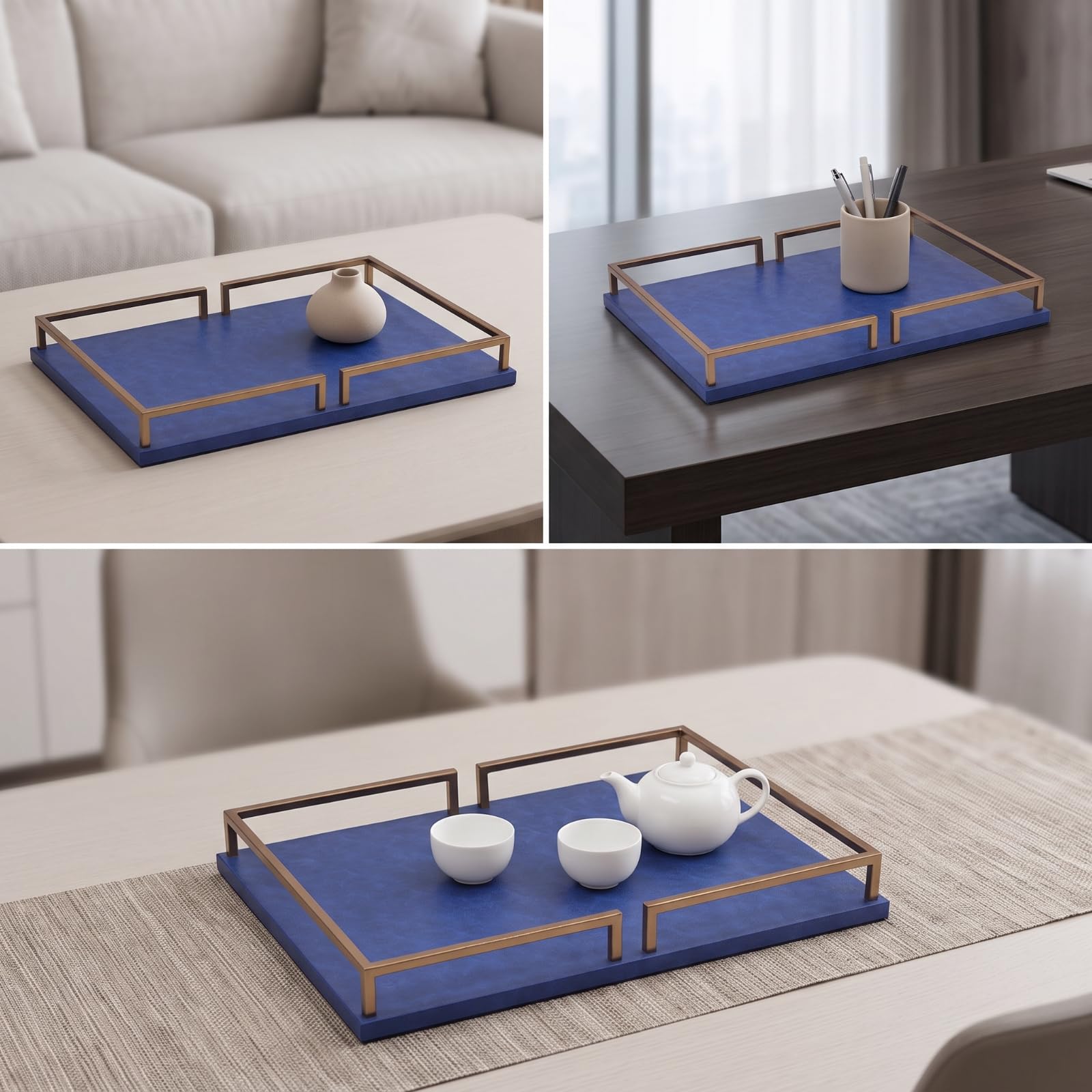 Colcolo Vassoio Rettangolare Elegante | perficie azzurro Scuro, Vassoio con Cornice, Moderno, per Tavolino da Caffè, Toeletta