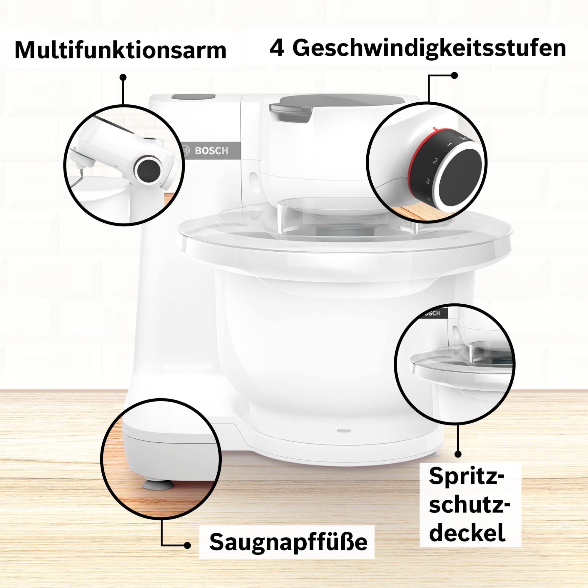 Bosch Küchenmaschine Serie 2, kleine Küchenmaschine, 3,8l Kunststoff-Schüssel, Durchlaufschnitzler, 4 Scheiben, 4 Stufen, Knethaken/Rührbesen/Schlagbesen, spülmaschinenfest, 700 W, weiß, MUMS2AW01