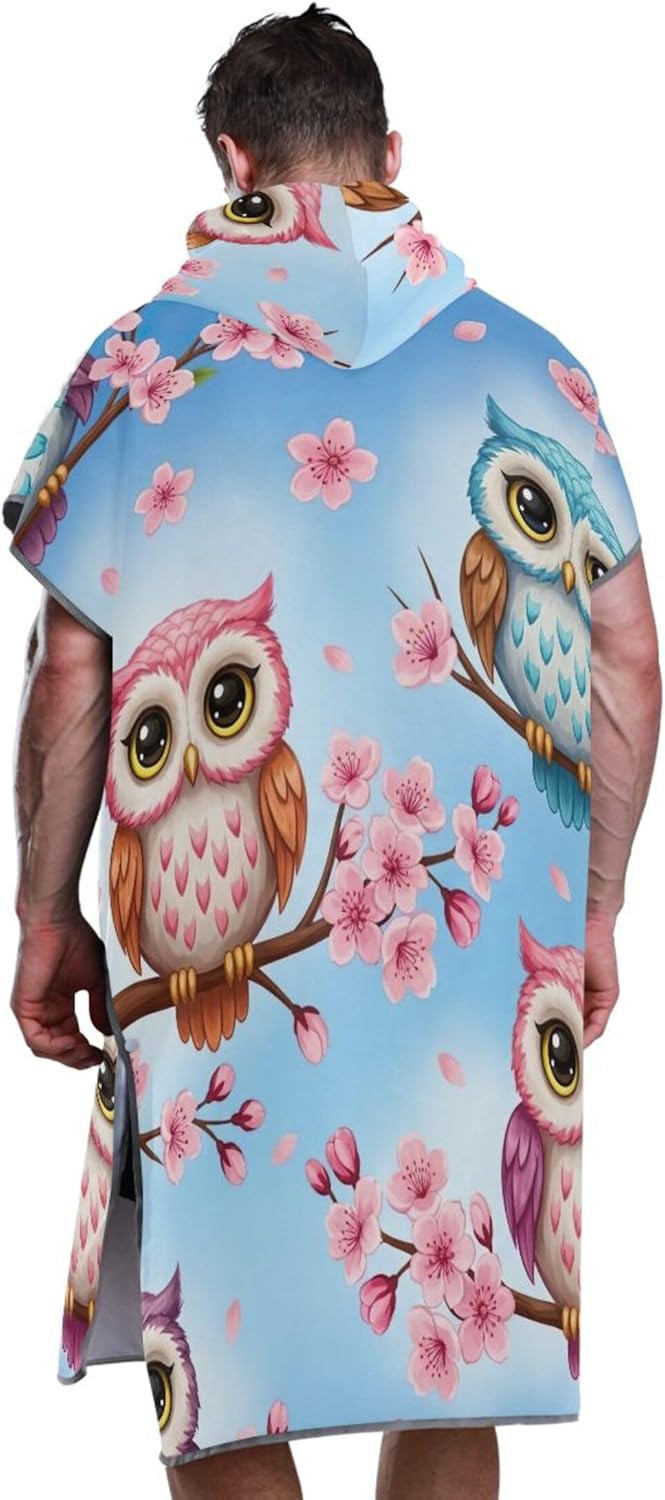 Surf Poncho Changing Robe for Adults Hooded Beach Towel Print Wearable Cute Owls Spring Unisex Adult Poncho with Hood One Size