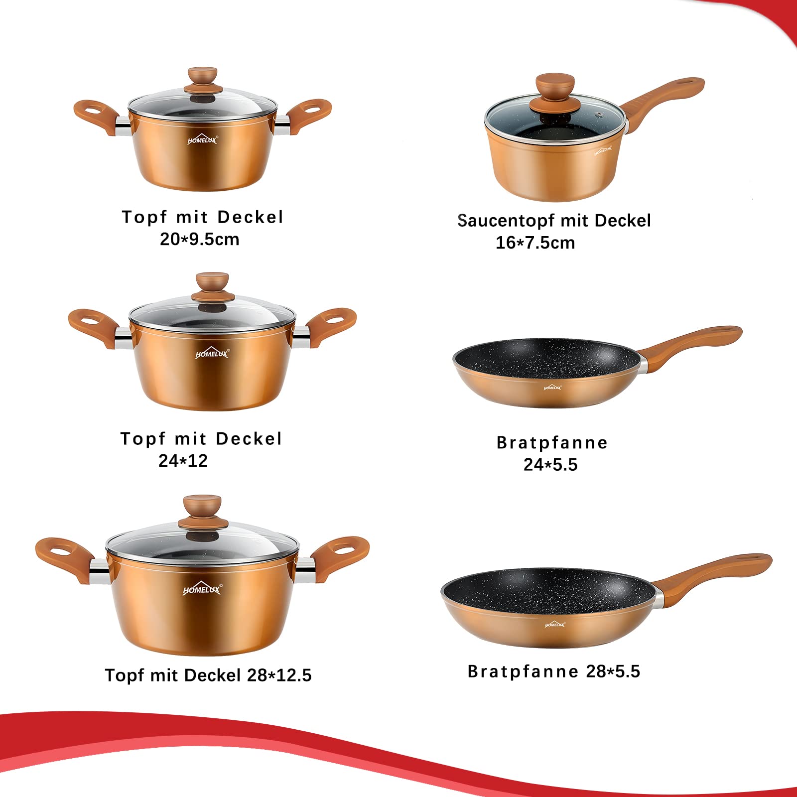 HOMELUX Topfset Induktion 10-tlg Aluminiumguss beschichtet,Kupfer | 2xBratpfanne+3xKochtopf mit Glasdeckel+1xMilchtopf mit Glasdeckel,Antihaftbeschichtung,Für alle Herdarten geeignet,BPA-frei