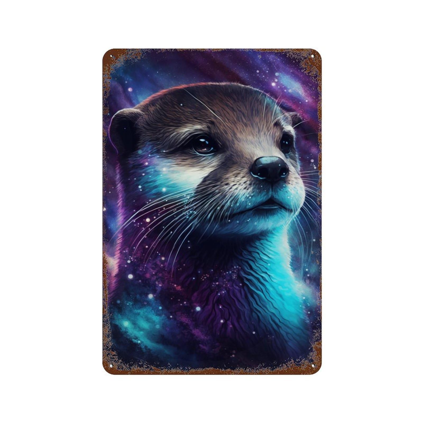 Garage Style Galactic Otter Art Print Aged Metal Wall Plaque 11.8"x7.9", Old School Wall Decor for Bar And Workshop