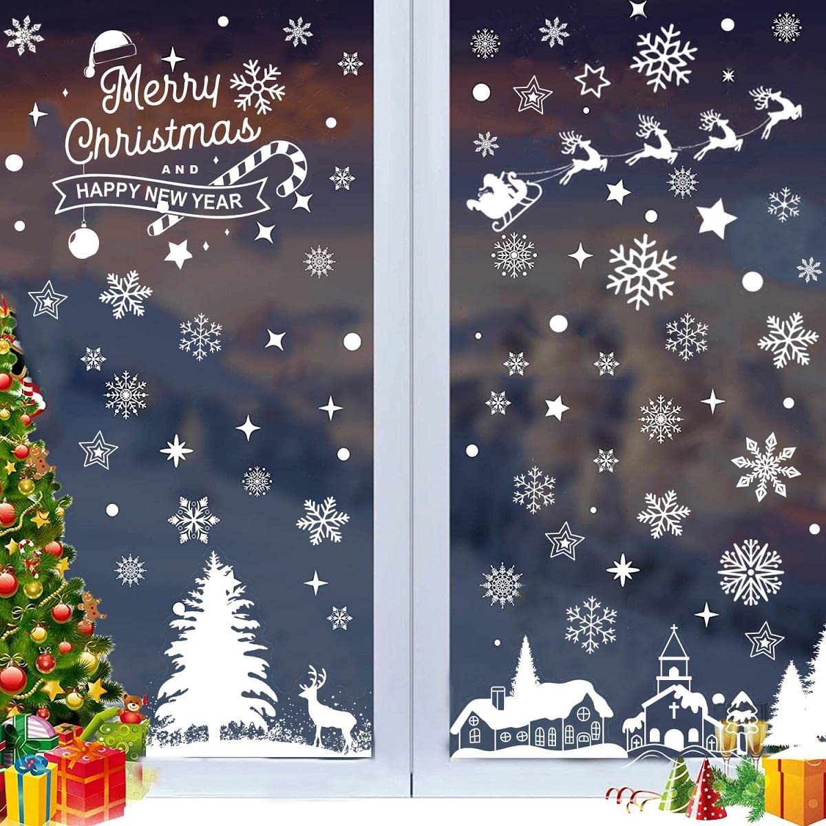 Stickers Noel Fenetre Réutilisable Decoration Noel Fenetre PVC Autocollant Noel Fenetre Flocon De Neige Intérieur Deco Noel Pour Porte Vitrine Verre Feuilles Noël Autocollants Fenetre