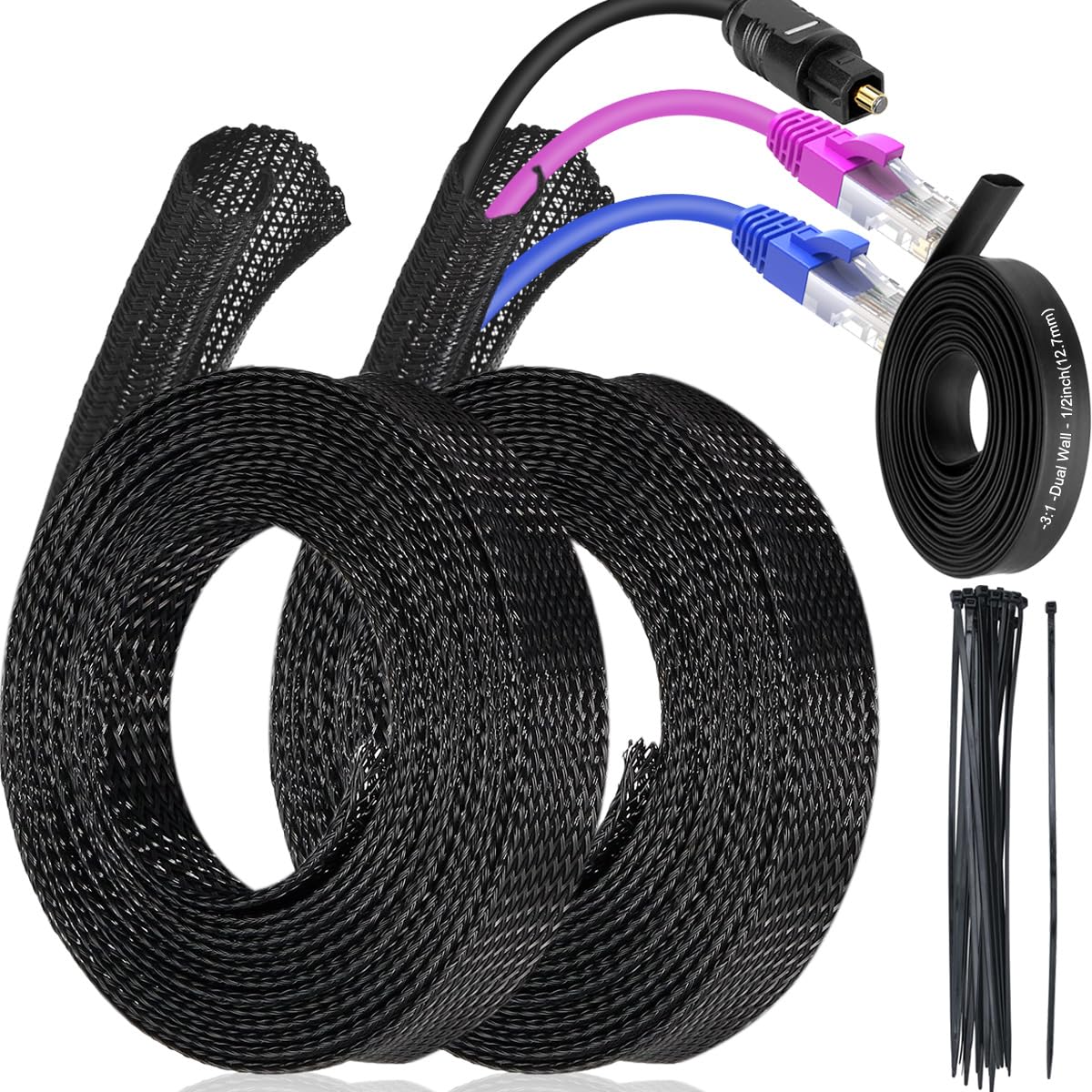Xiatiaosann 2 Pcs Cable Tidy Sleeve, Cable Management Cord Protector Wire Loom Tube Sleeve Wire Organizer, Split Sleeving for PC TV Home Office Power Cord Audio Cable, with Cable Ties, 3m, Black