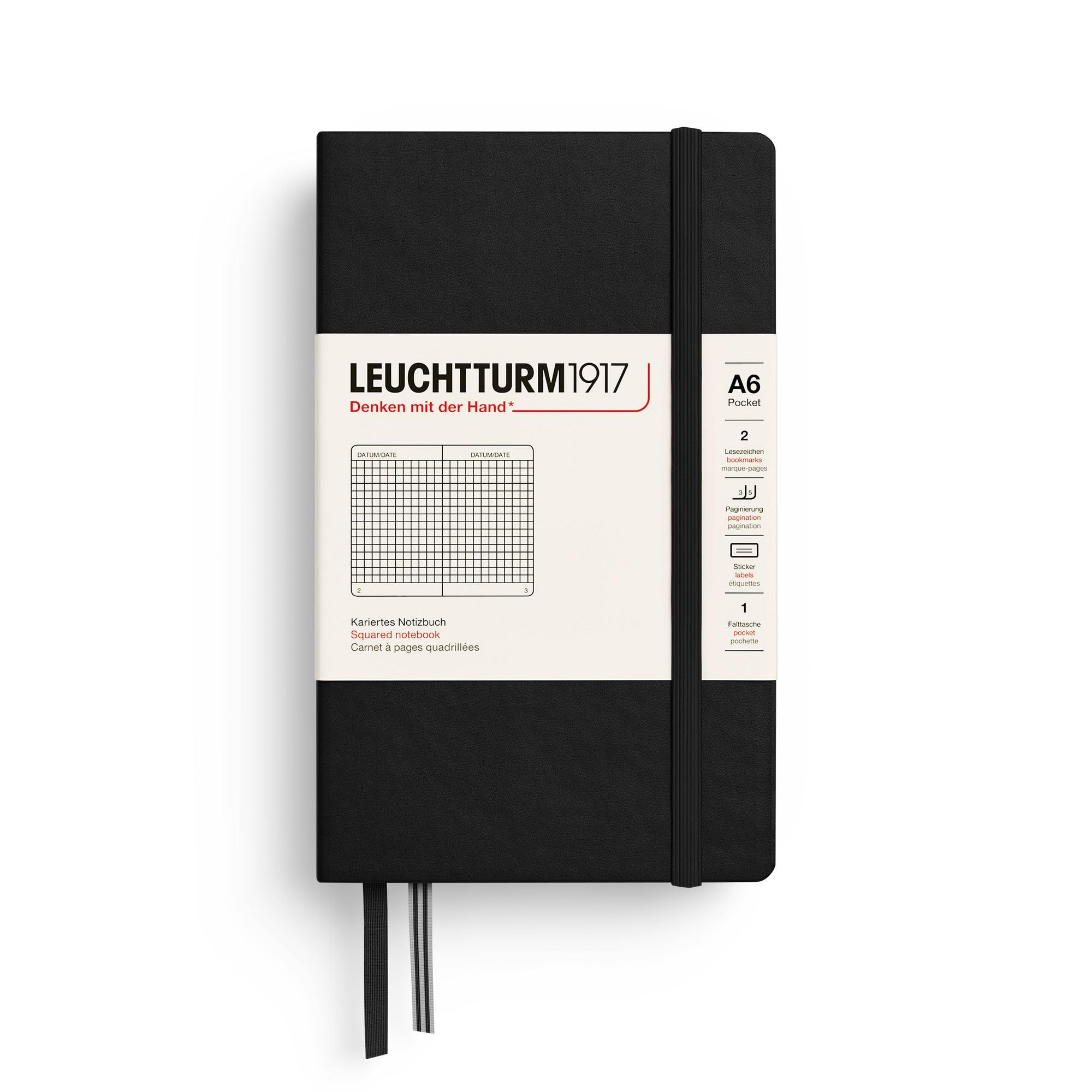 Notebook Hardcover Pocket A6-187 Numbered Pages for Writing and Journaling (Black, Squared)