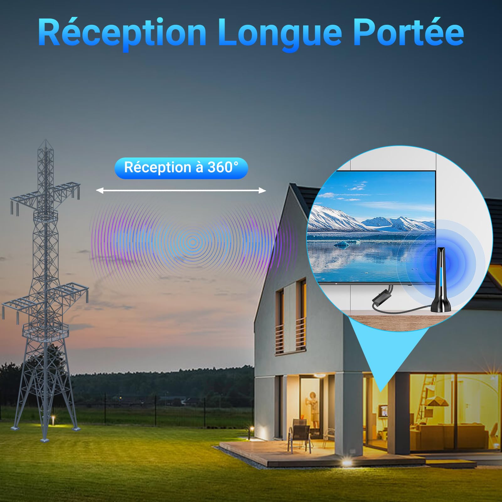Antena de TV interior potente con amplificador de señal de alta ganancia - Recepción de 360° de largo alcance, base magnética para fijación fácil, compatible con televisores HD/1080p/4K