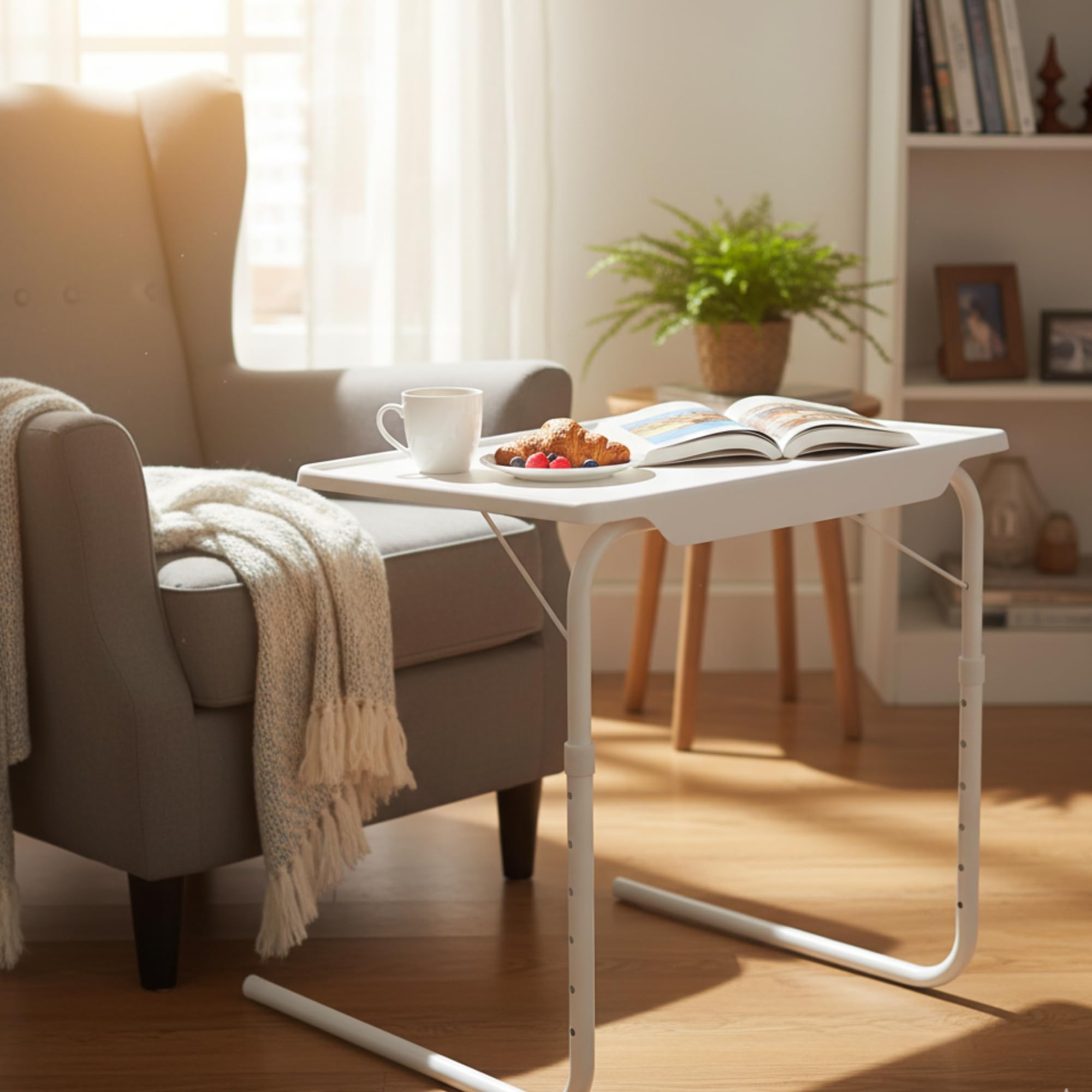 Burakh White Portable Table Mate Tv Dinner & Laptop Tray – Adjustable Folding Table Desk For Sofa Or Bed With 6 Height Settings, Multi-Use Valet For Meals, Work, Jigsaws & Study (White)