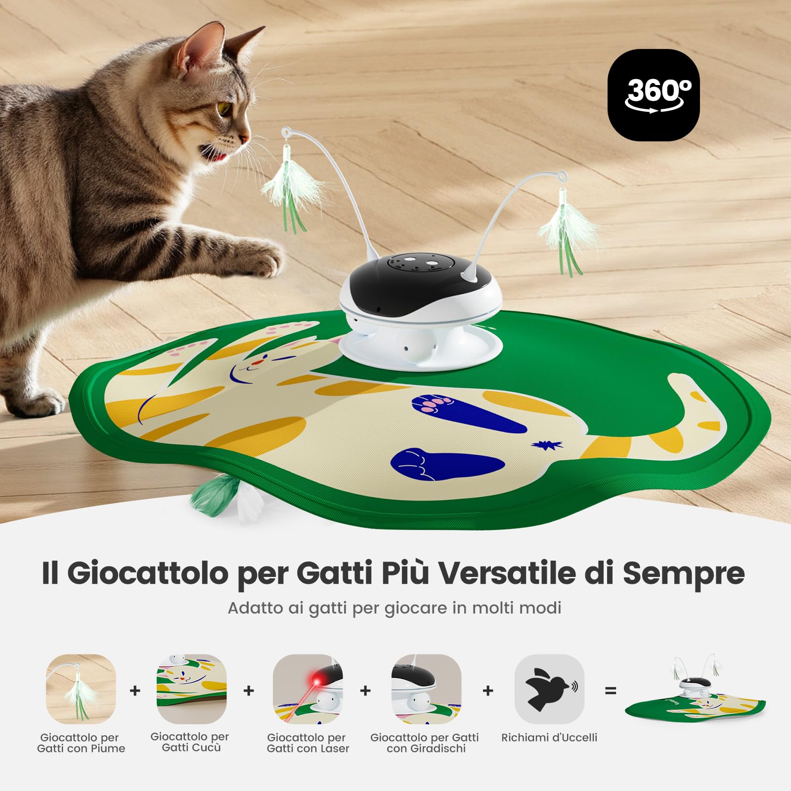 Gardner Pet Giocattolo per Gatti, 5 in 1 Elettrico Interattivo Automatico per Gatti, Gioco con Nascondino, Giocattolo con Piume, Laser, Palline e Suoni di Uccelli, Ricarica USB, Stile Gatto