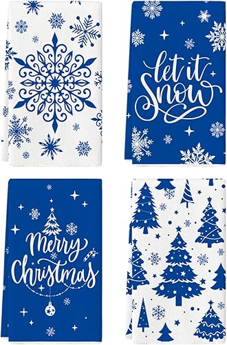 Artoid Mode Juego de 4 toallas de cocina con diseño de árbol de Navidad azul con copos de nieve Let It Snow Merry Christmas, 18 x 26 pulgadas,