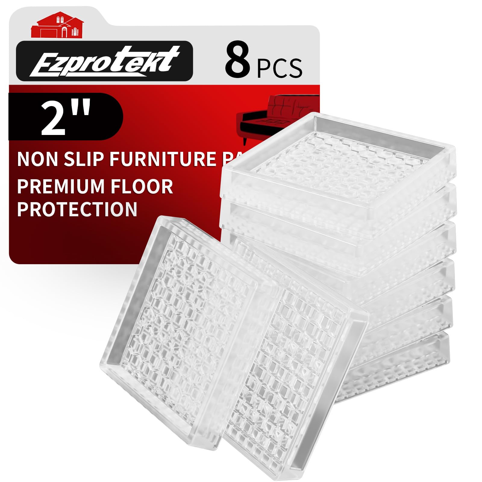 Ezprotekt Non Slip Furniture Pads, 8 Pcs 2" Rubber Caster Cups, Anti Skid Furniture Coasters for Hardwood Floors, No Slide Furniture Gripper, Floor Protector for Bed Couch Furniture Stoppers (Clear)