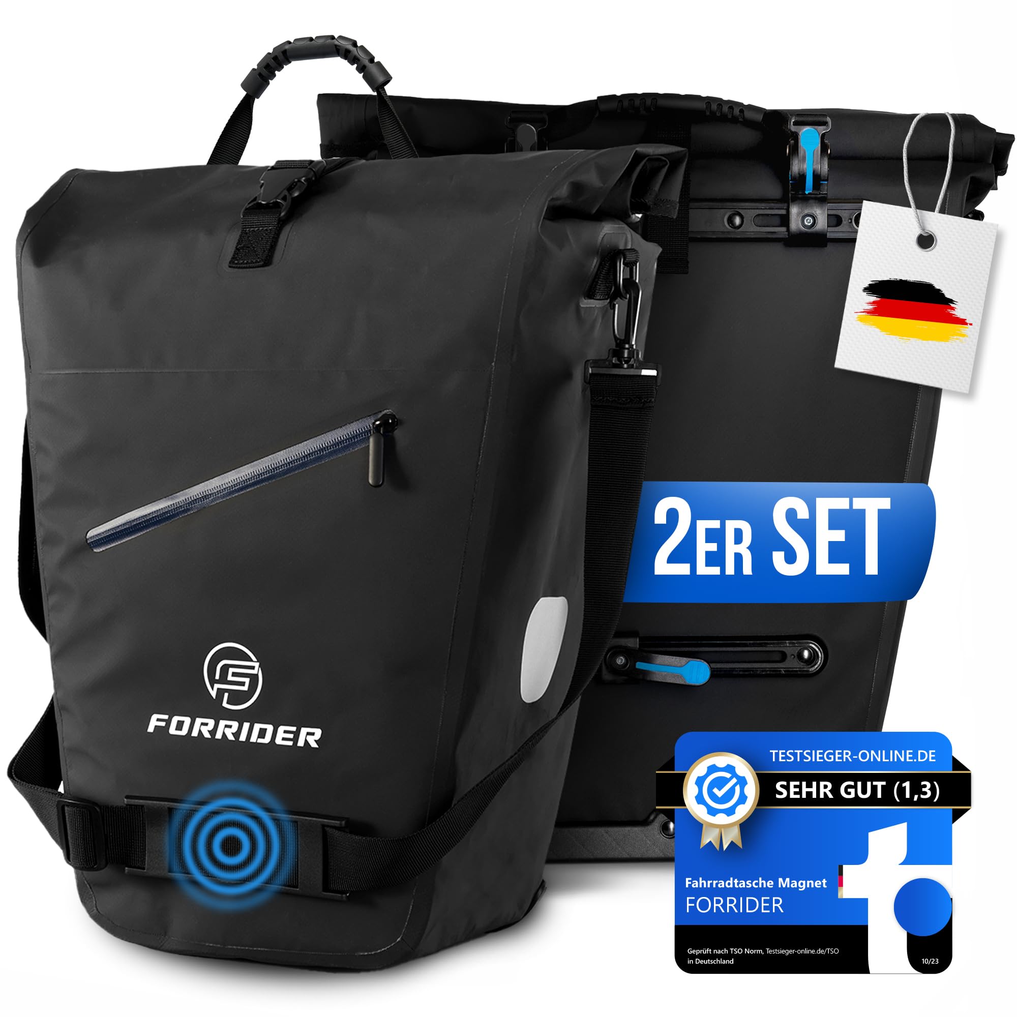 Forrider Set of 2 Luggage Carrier Bag Waterproof Bike Bag for Luggage Carrier [2 x 27 Liters] with Magnetic Lock Shoulder Strap Suitable for All Bikes Sports & Outdoors