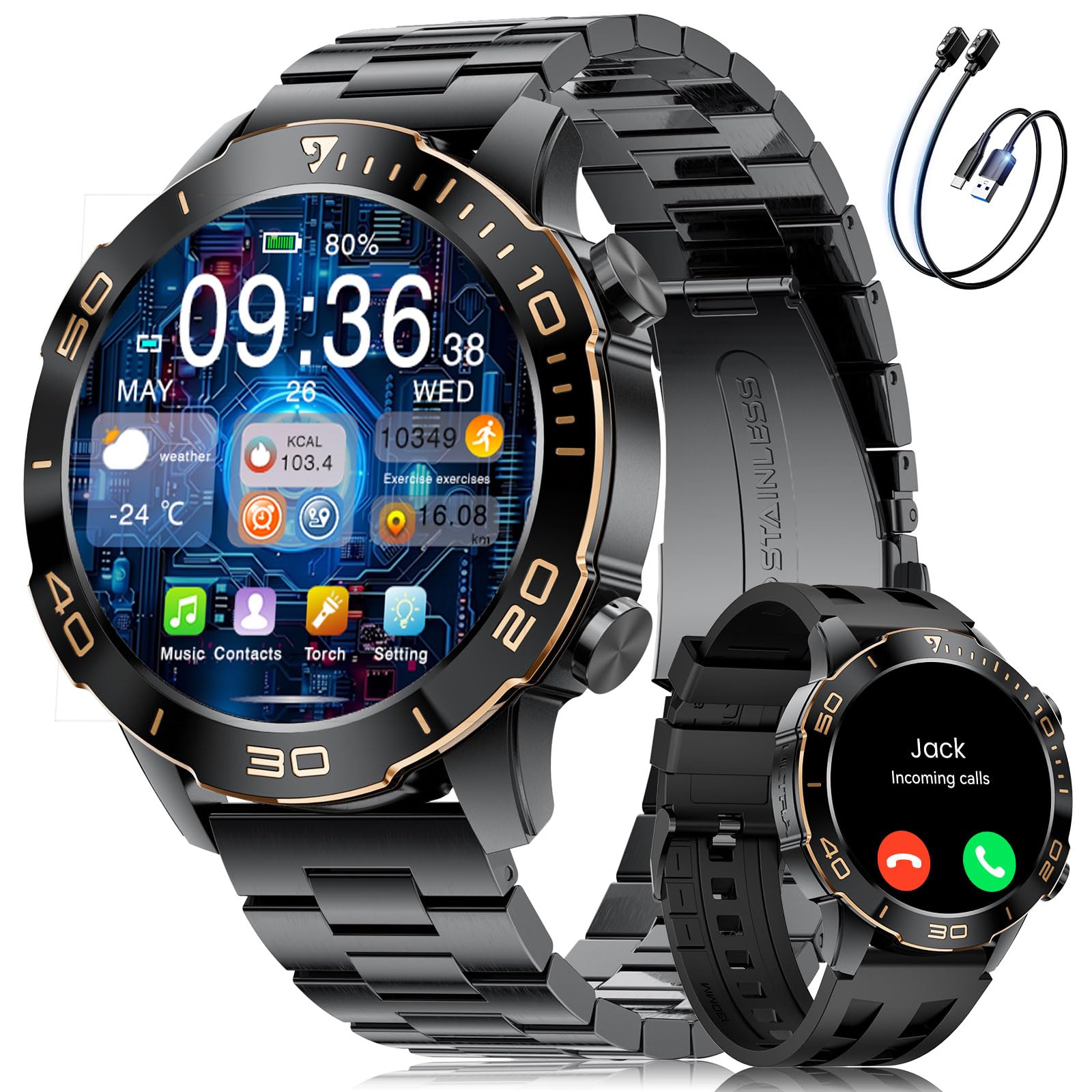 Smartwatch Uomo, 1.43"AMOLED Smart Watch con Chiamata Bluetooth, 170+ Modalità Sportive, IP68 Impermeabile, Sonno Cardiofrequenzimetro, 800mAh Batteria per Android iOS (Nero)