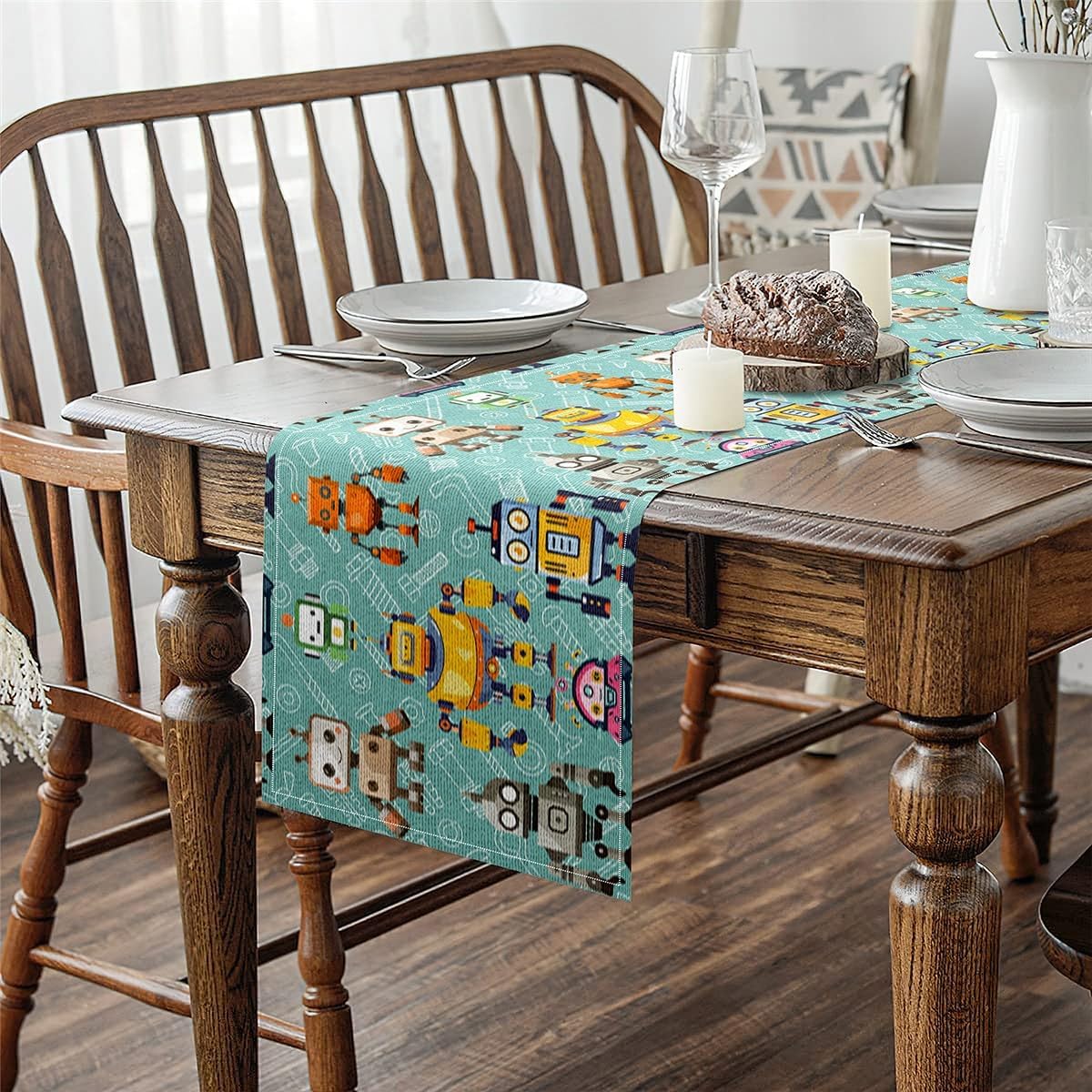Cartoon Robots Table Runner,Colorful Equipment Graffiti Kitchen Dining Table Decoration for Indoor Outdoor,Intelligent Machine Tools Teal Table Dress Home Party Decor,60 x 13 Inch image 4