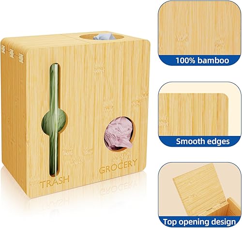 Miniatura 7 de Giklux Soporte de rollo dispensador de bolsas de basura gruesa, soporte para bolsas de bambú, organizador de montaje en pared, para bolsas de basura