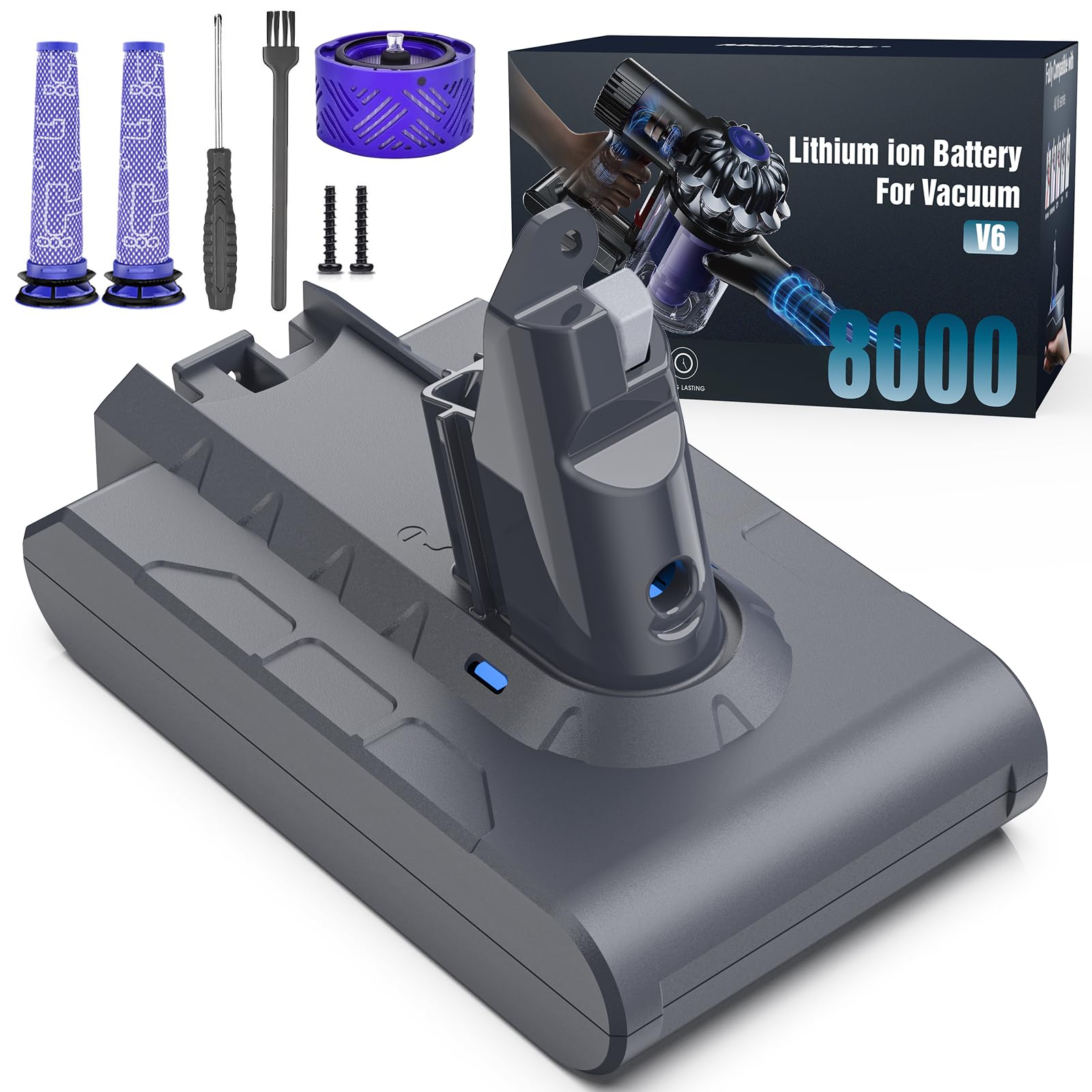 Keenstone Replacement Battery for Dyson V6-8000mAh Battery Compatible with V6 Animal Absolute SV03 SV04 SV05 SV06 SV07 SV09 DC58 DC59 DC61 DC62 DC72 DC74 with 2 filters + rear filter