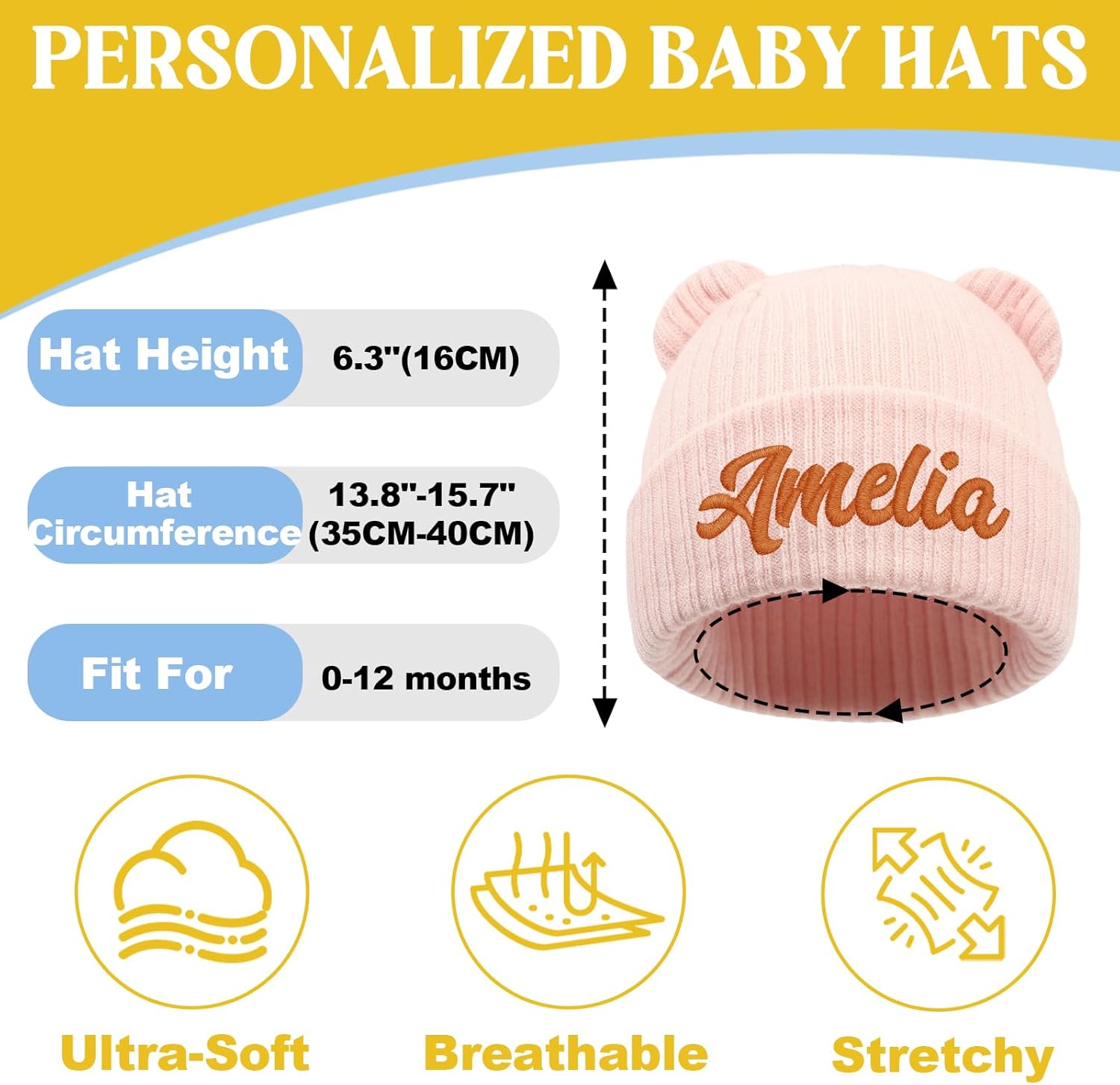 Personalized Baby Hat for Boys Girls Custom Name Newborn Beanies 0-12 Months Preemie Infant Gift Knit Winter Hats - Image 4