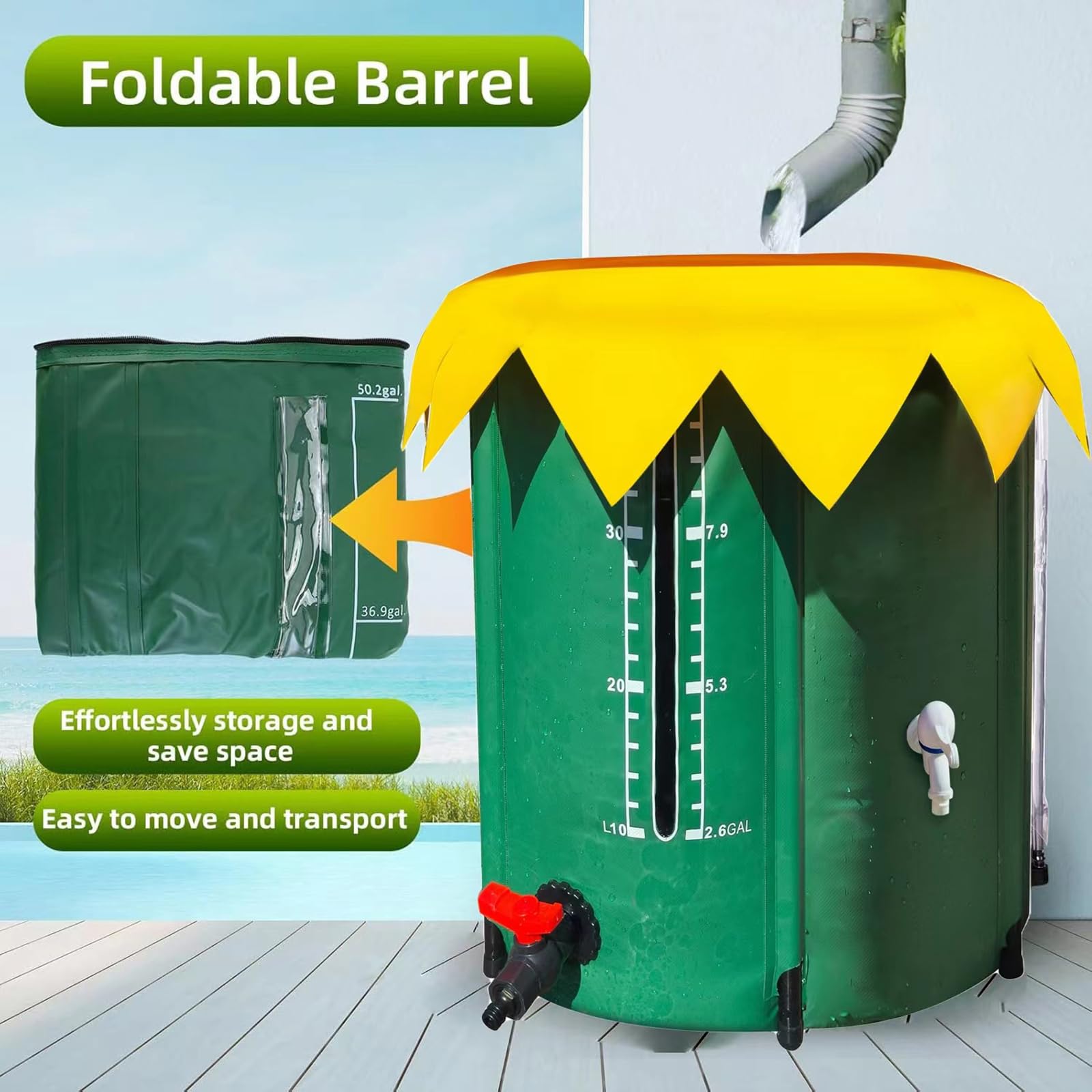 Barril Plegable Recolección Agua Lluvia, Depósito Con Grifo Y Tapa Con Filtro, Tanque De Almacenamiento Para Jardín De PVC Resistente Para Riego Y Uso En Exteriores,250L