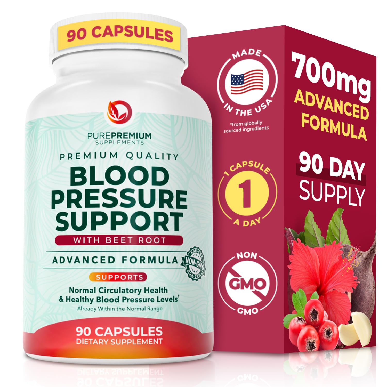 PurePremium Beet Root Capsules for Blood Pressure Support – 700mg Advanced Formula with Beetroot Powder, Hawthorn, Hibiscus & Garlic for Normal Nitric Oxide Production & Heart Health – Non-GMO - 90ct