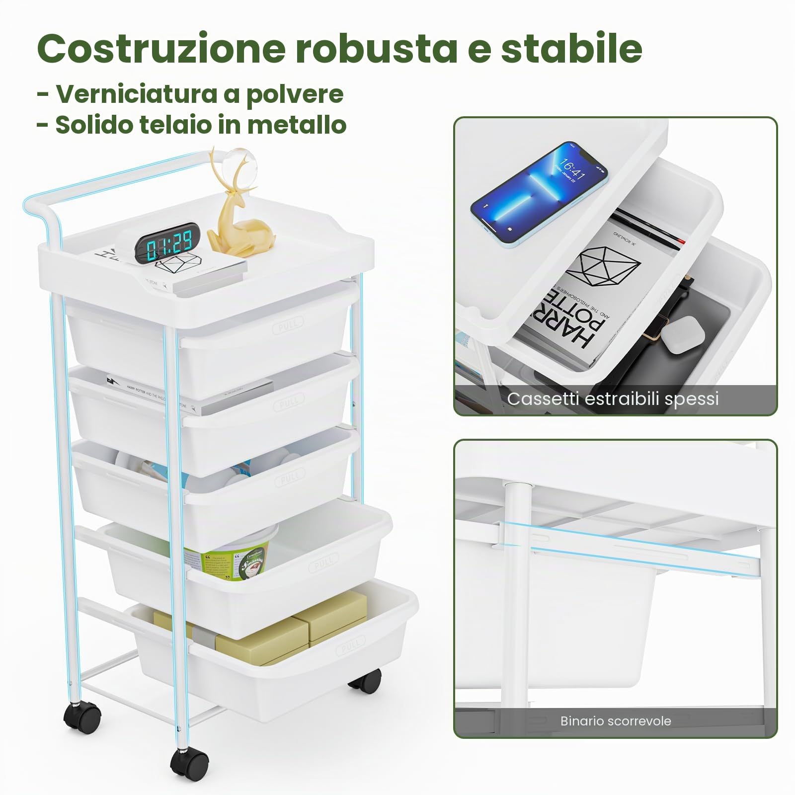 Carrello a 5 Cassetti con Ruote e Ripiani Mobile Salvaspazio Multifunzionale Storage Rack Bagno Cucina per Portavivande Portafrutta (Bianco)
