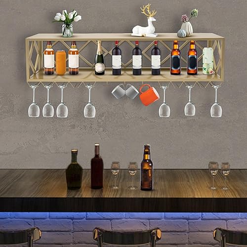 Miniatura 2 de DUTTIETY Estante de vino rectangular montado en la pared del hierro dorado, Estante de vino montado en la pared industrial, Soportes montados en la