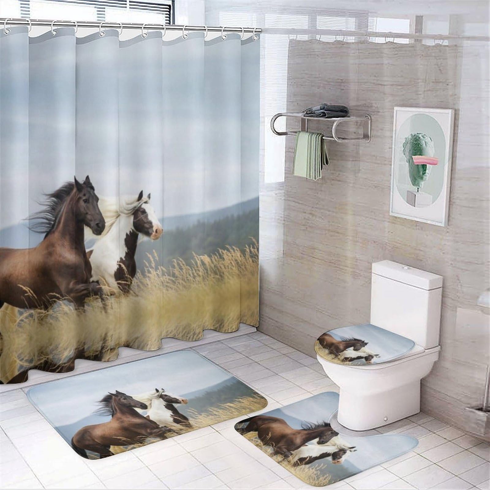 Wlntrophic Bathroom Mat Set 4 Piece, Horse Shower Curtain with Non-Slip Bath Mats for Bathroom