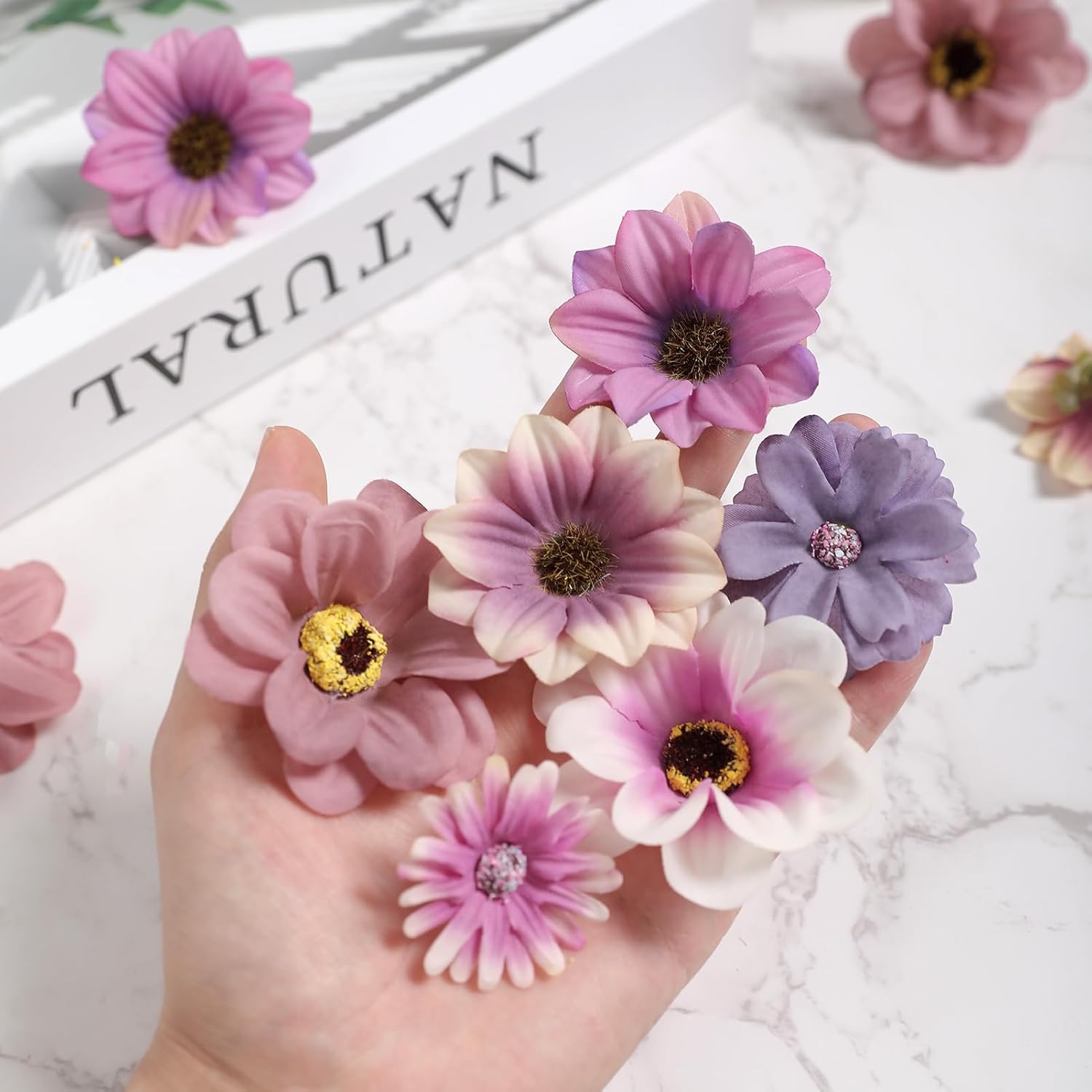 90 Pcs Mini Artificial Silk Flower Heads - Purple Peony, Daisy, Rose Floral Appliques for Spring Summer Crafts | DIY Wreath Accessories for Wedding/Home Decor/Party/Graduation Cap - Image 3