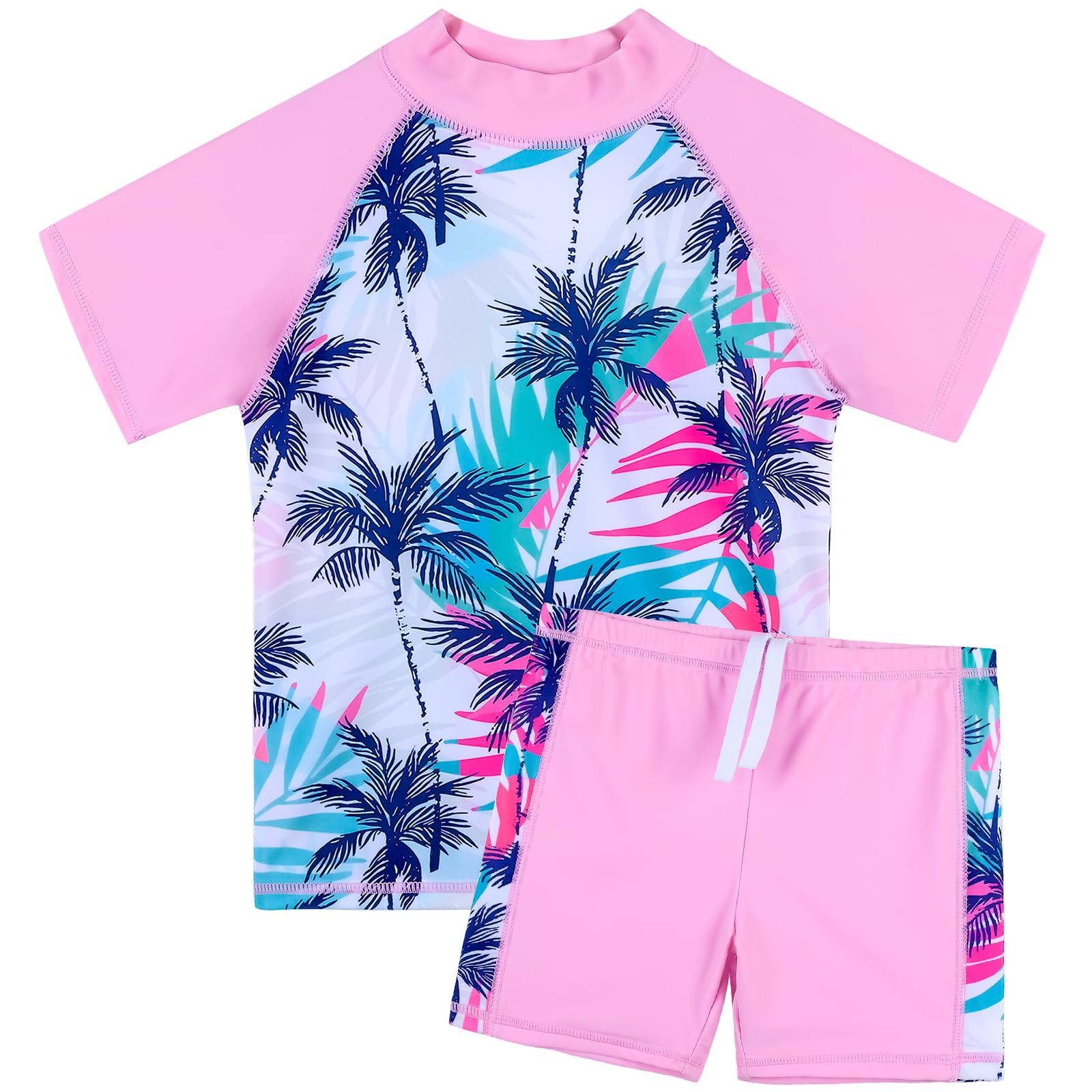 BAOHULU Girls Short Sleeve Swimsuit Two Piece Floral UPF 50+ Rash Guard