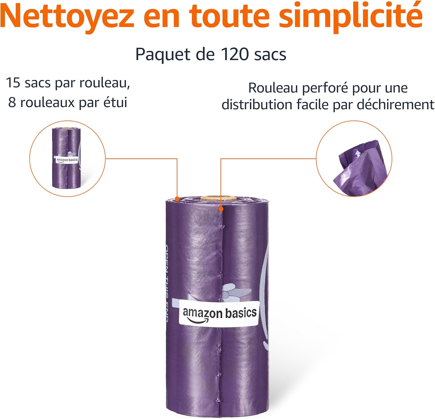 Amazon Basics Sacs à Déjections Canines Standard Parfumés à la Lavande de Qualité Supérieure, 120 Unités (15 Lots de 8) - Caractéristiques Techniques Détaillées