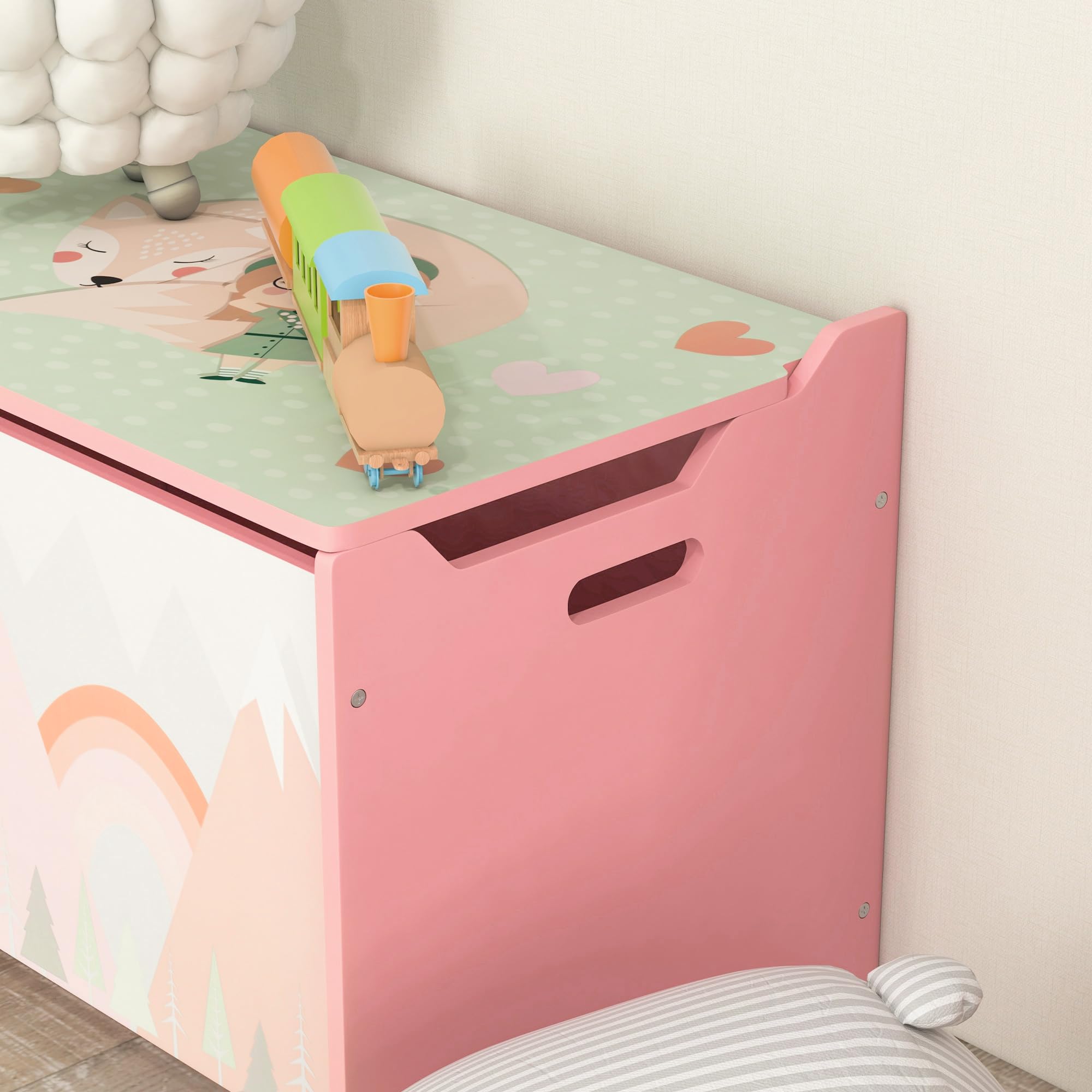 ZONEKIZ Baúl de juguetes con tapa abatible 60x37x39cm Rosa | Baúl juguetes con bisagra seguridad, diseño animal lindo y asa, para habitación infantil