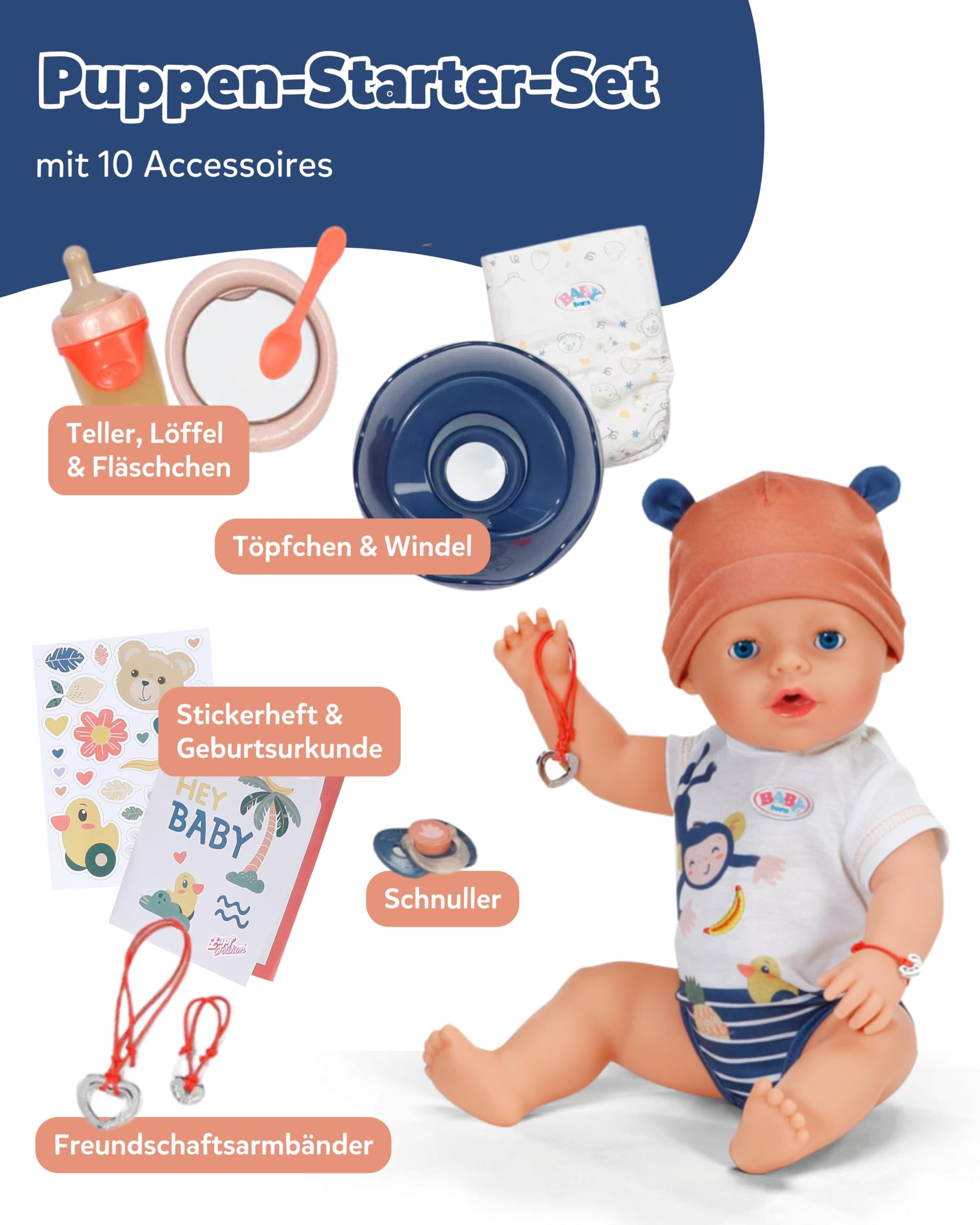 BABY Born Emma im Dschungel-Style - 43 cm große Babypuppe - 10 Funktionen inkl. Accessoires & Strampler in Unisex Farben - Funktioniert ohne Batterien - Geeignet für Kinder ab 3 Jahren